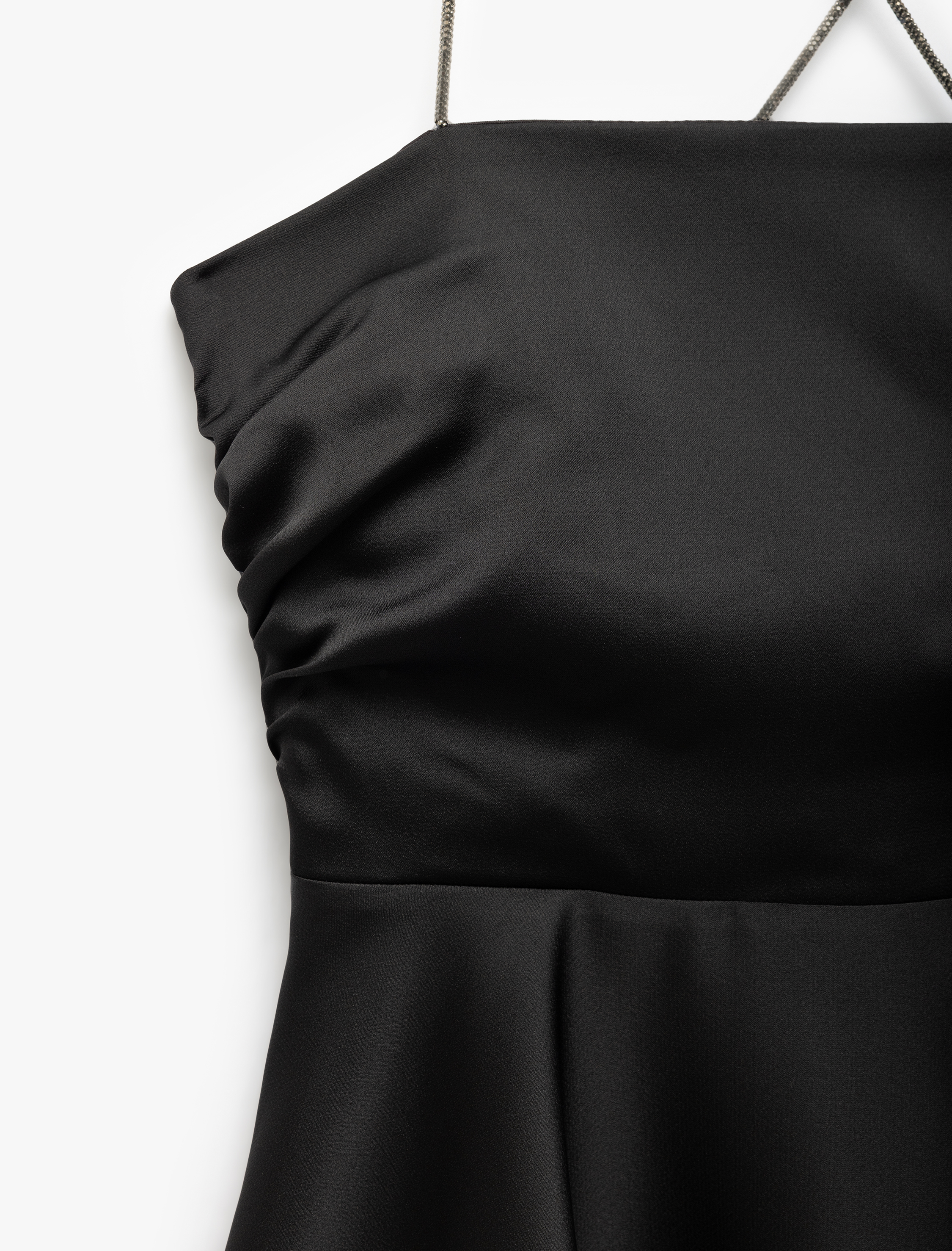 Volanlı Çapraz İp Askılı Kare Yaka Drapeli Mini Saten Elbise