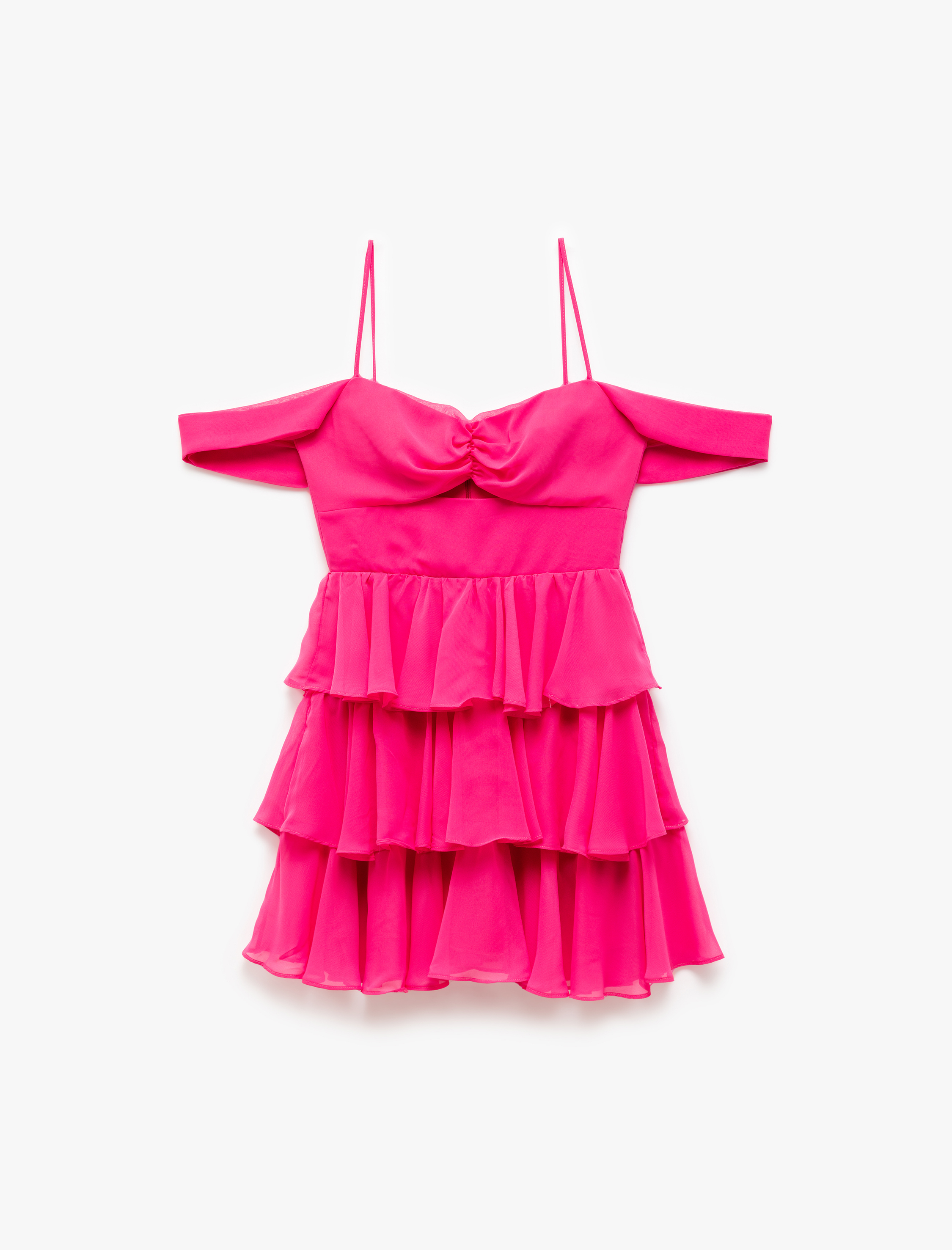 Katlı Volanlı Kısa Kollu Kalp Yaka Mini Elbise