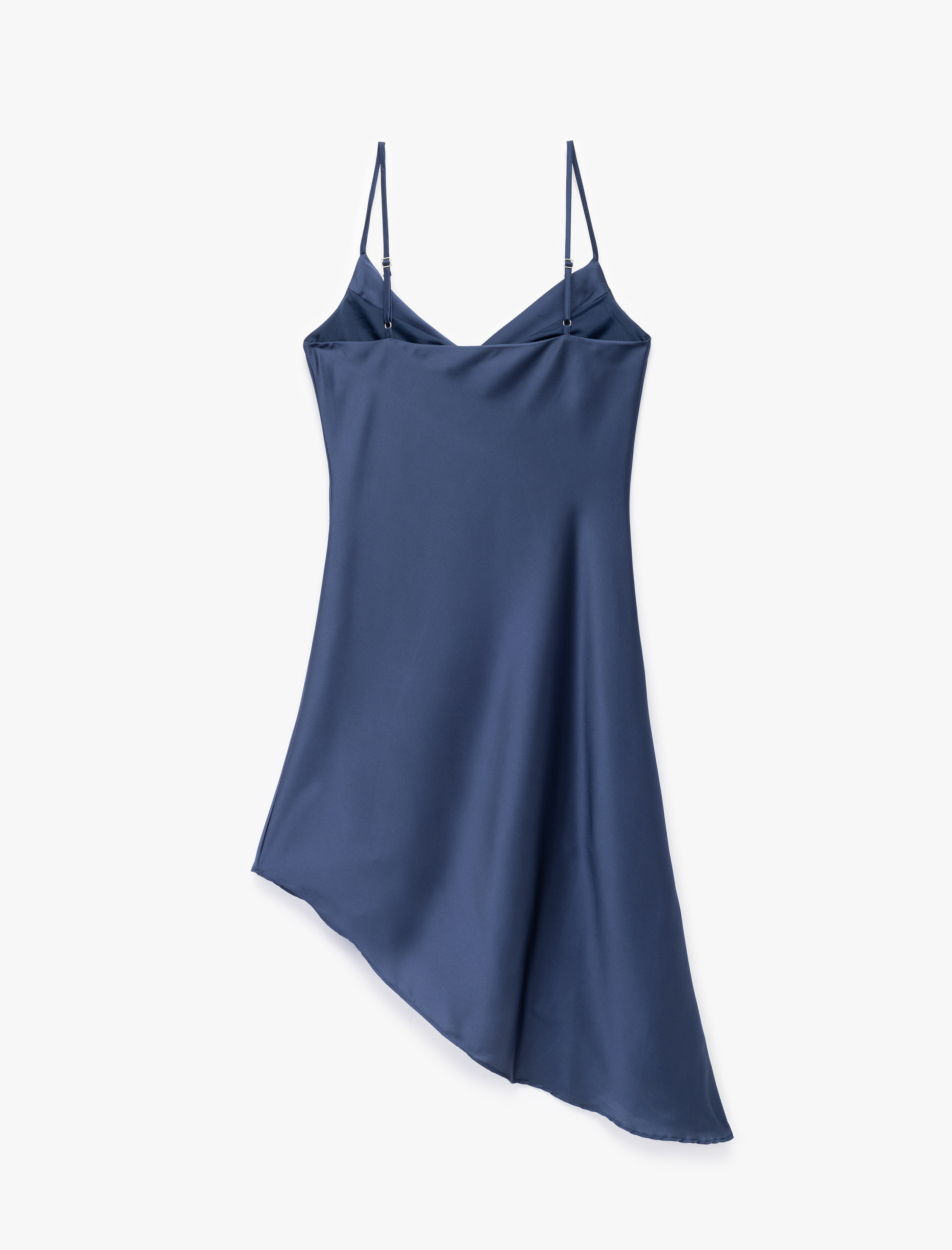   İp Askılı Degaje Yaka Asimetrik Midi Slip Saten Elbise