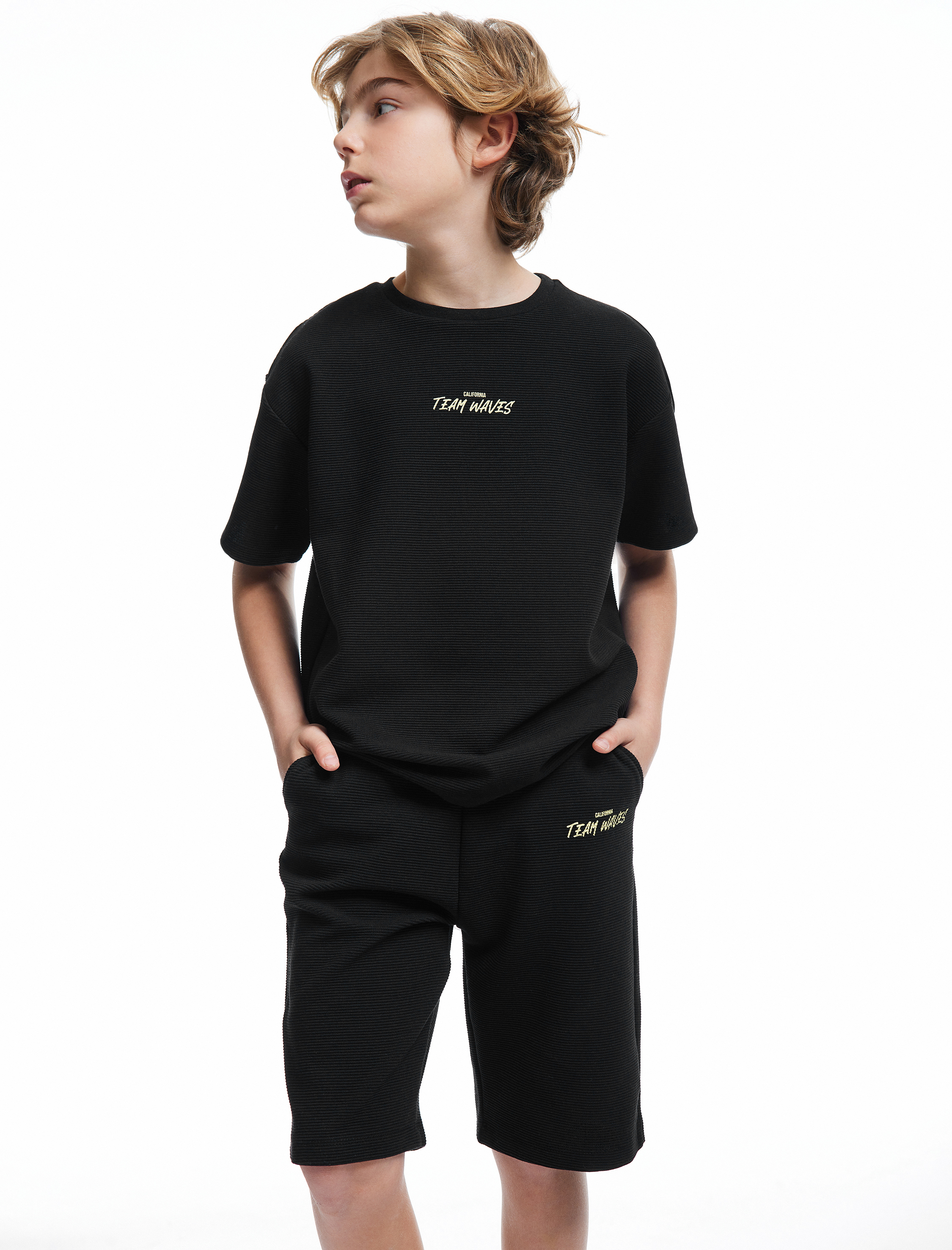  Erkek Çocuk Slogan Baskılı Kısa Kollu Bisiklet Yaka Oversize Tişört