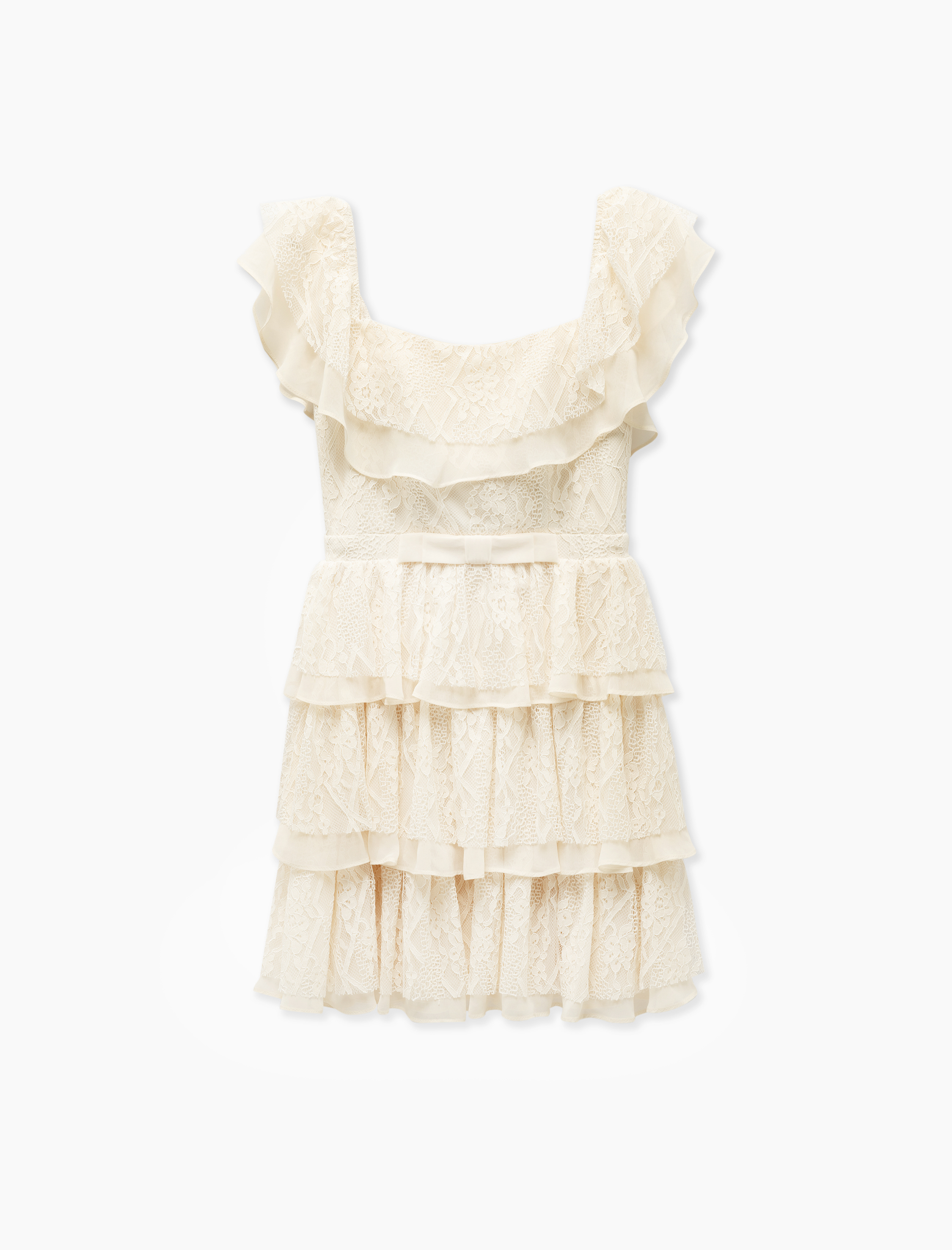   Omzu Açık Madonna Yaka Dantel Detaylı Katlı Fiyonklu Mini Elbise