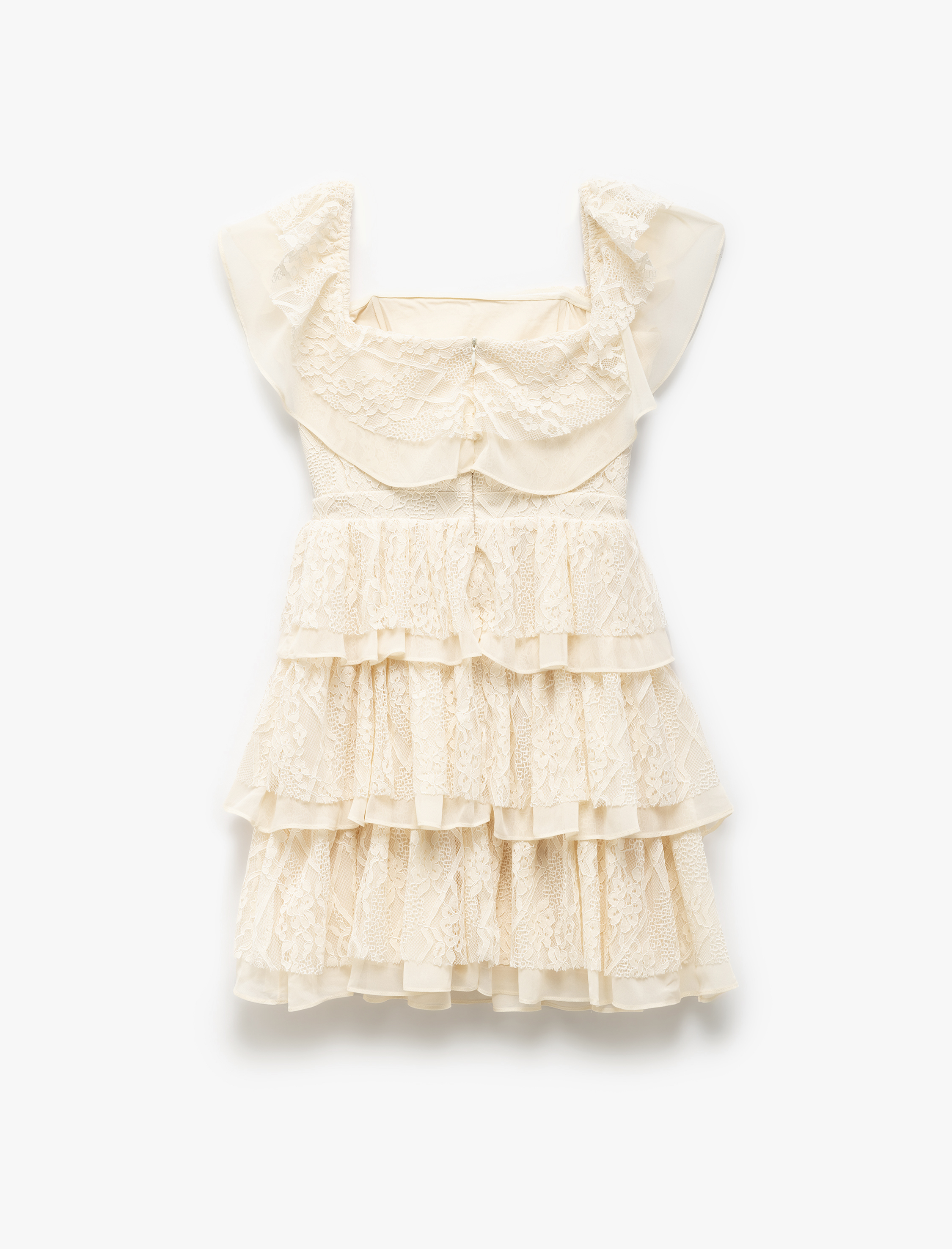   Omzu Açık Madonna Yaka Dantel Detaylı Katlı Fiyonklu Mini Elbise