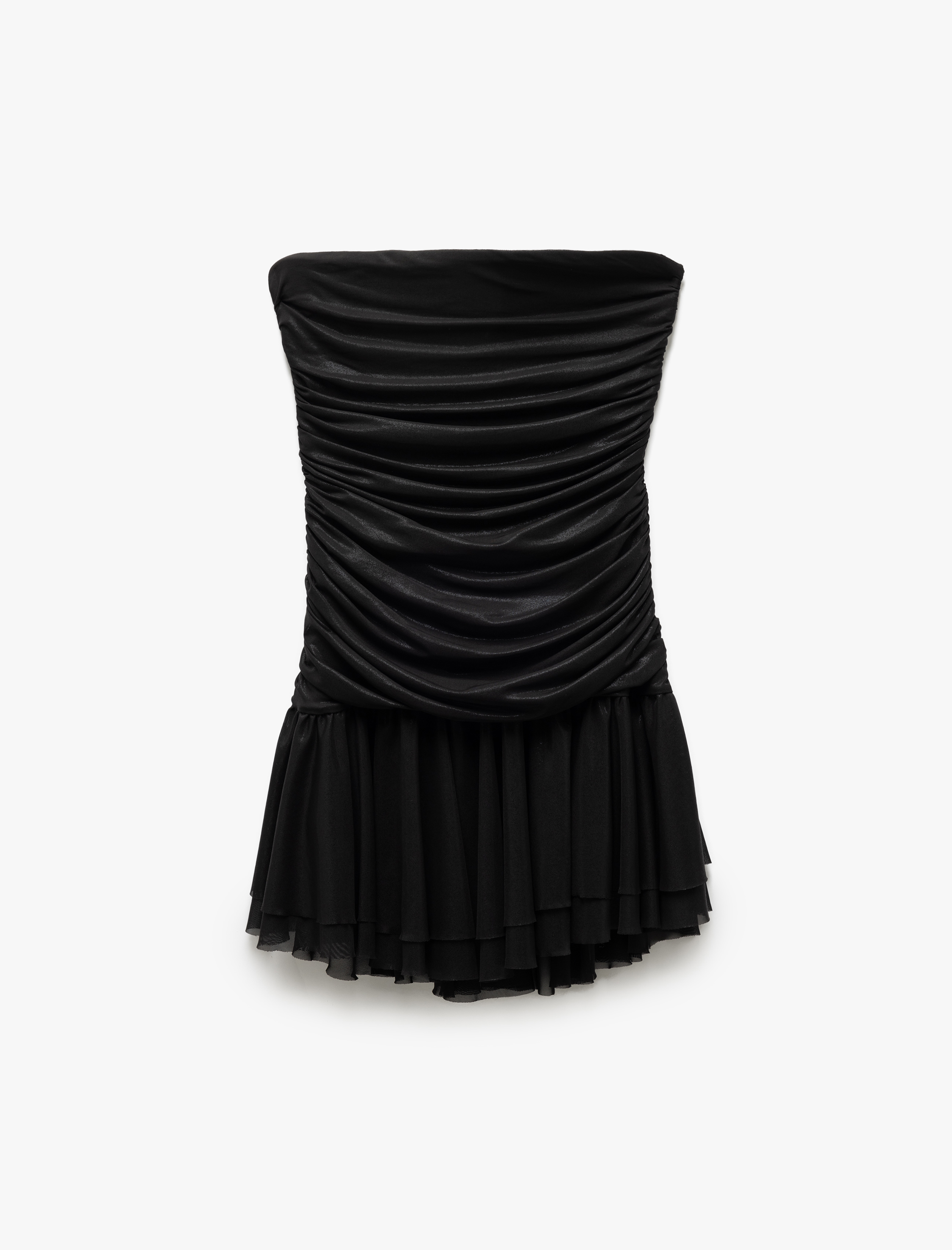 Drape Detaylı Kolsuz Straplez Volanlı Mini Abiye Elbise