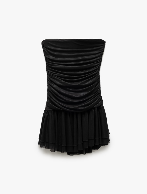 Drape Detaylı Kolsuz Straplez Volanlı Mini Abiye Elbise_2