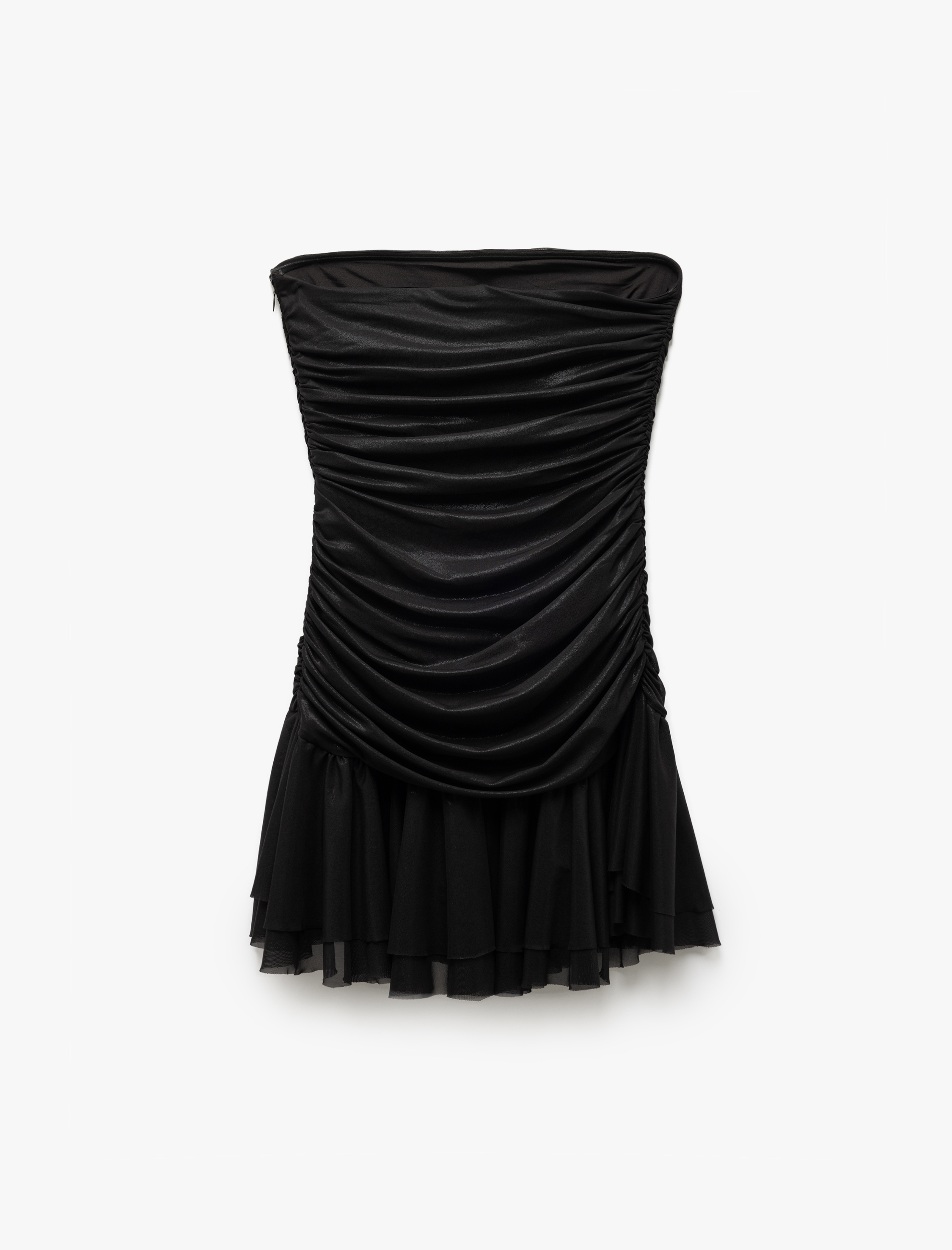 Drape Detaylı Kolsuz Straplez Volanlı Mini Abiye Elbise