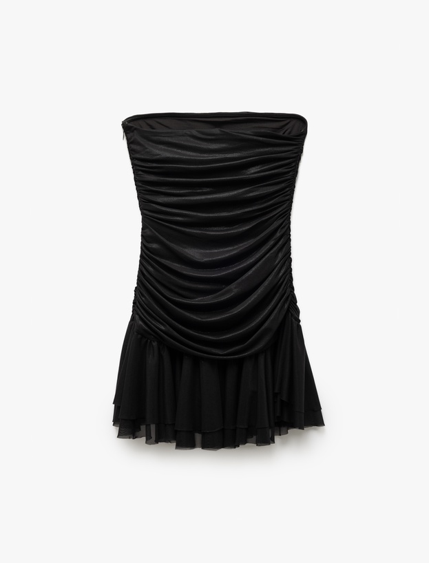 Drape Detaylı Kolsuz Straplez Volanlı Mini Abiye Elbise_3