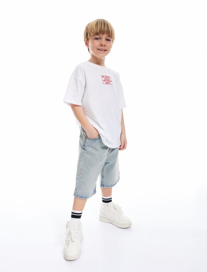 Erkek Çocuk Bisiklet Yaka Kısa Kollu Pamuklu Baskılı Tişört