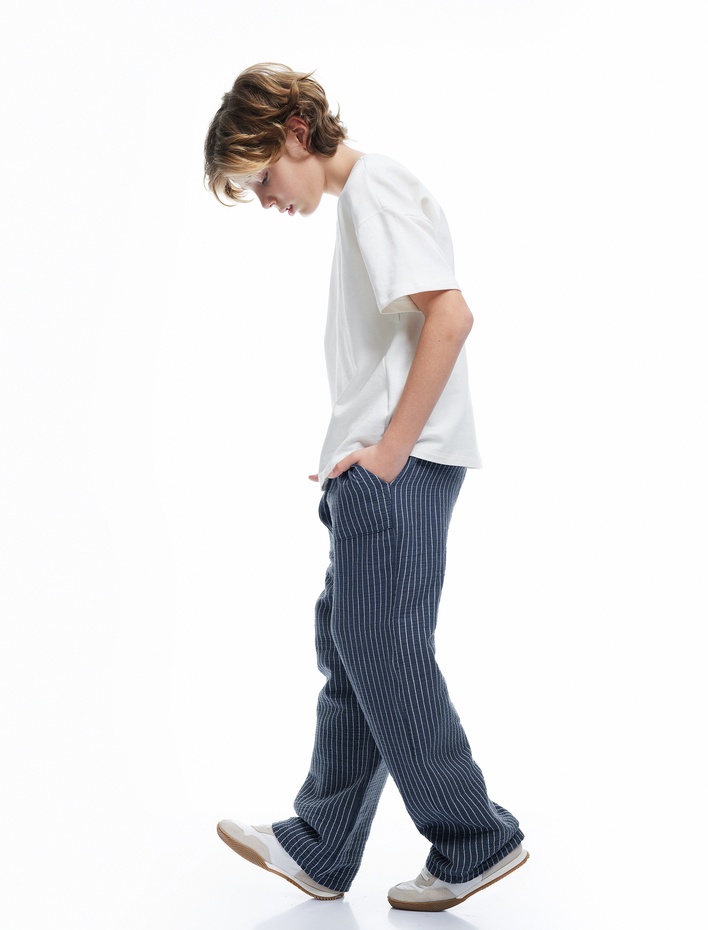 Erkek Çocuk Pamuklu Çizgili Beli Bağcıklı Pantolon