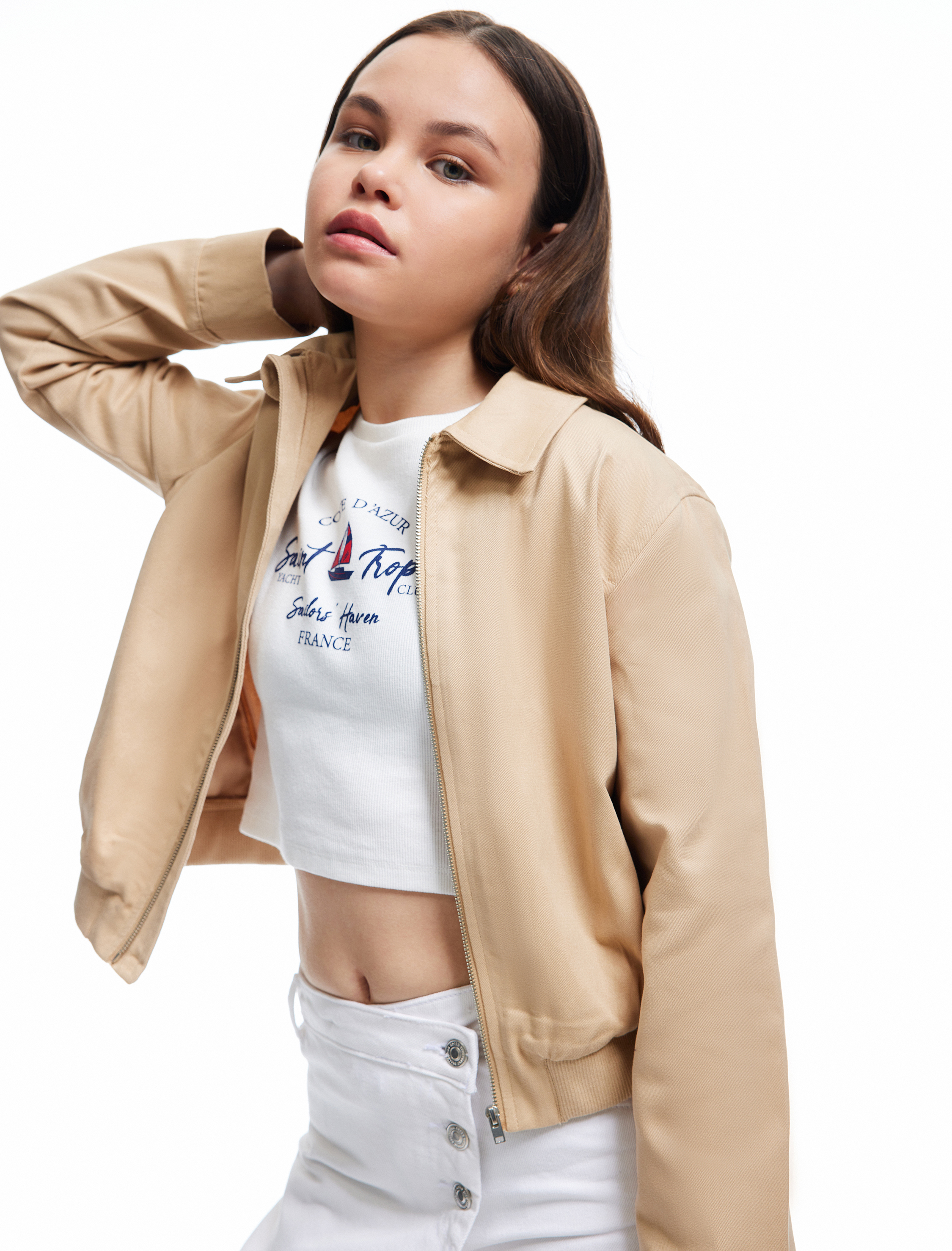  Kız Çocuk Uzun Kollu Gömlek Yaka Pamuklu Fermuarlı Gabardin Mevsimlik Ceket