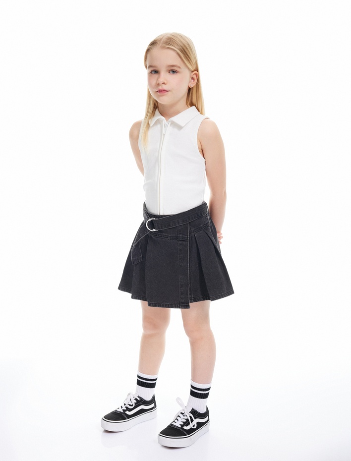 Kız Çocuk Pamuklu Cepli Kemer Detaylı Denim Şort Etek