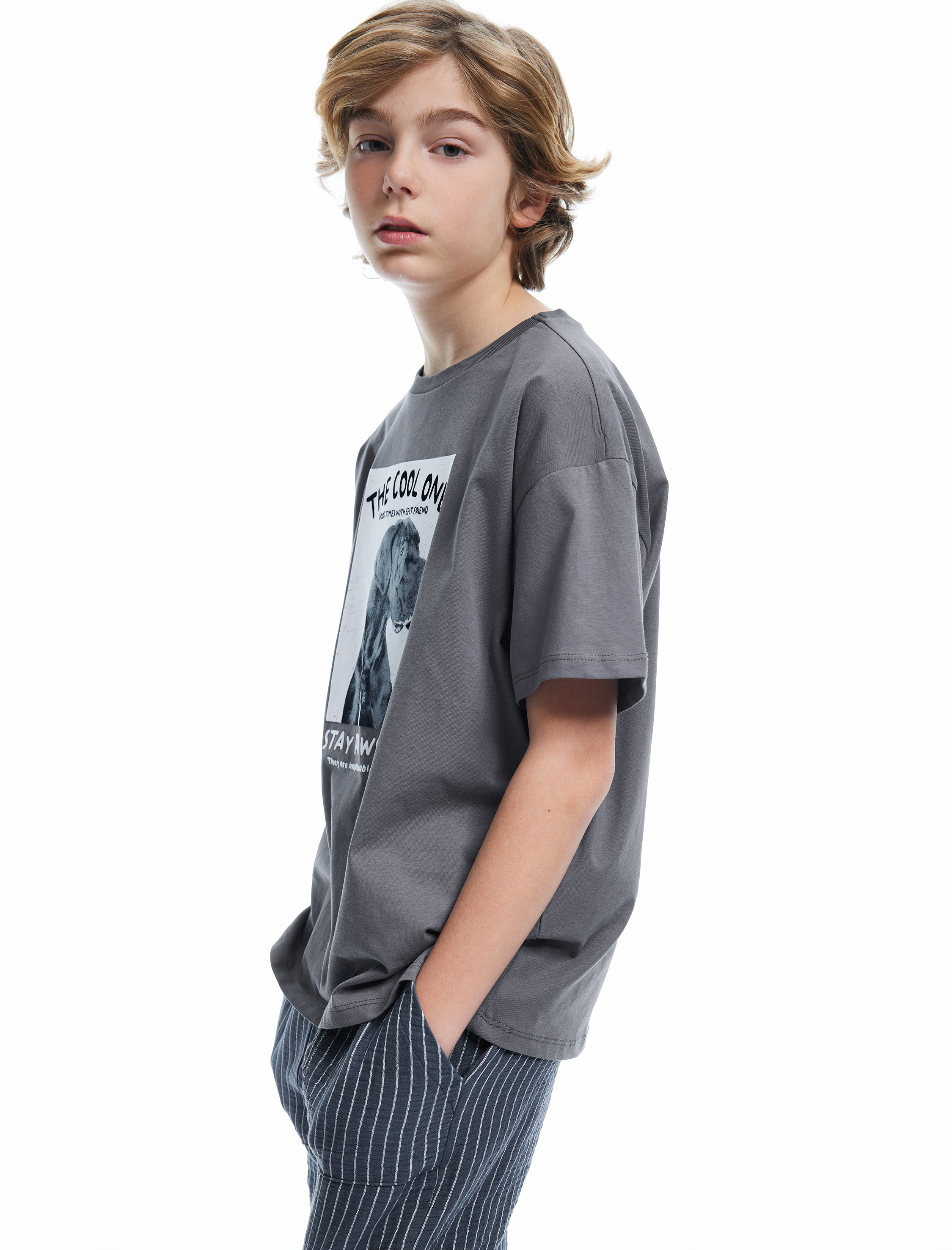  Erkek Çocuk Köpek Baskılı Kısa Kollu Bisiklet Yaka Pamuklu Tişört