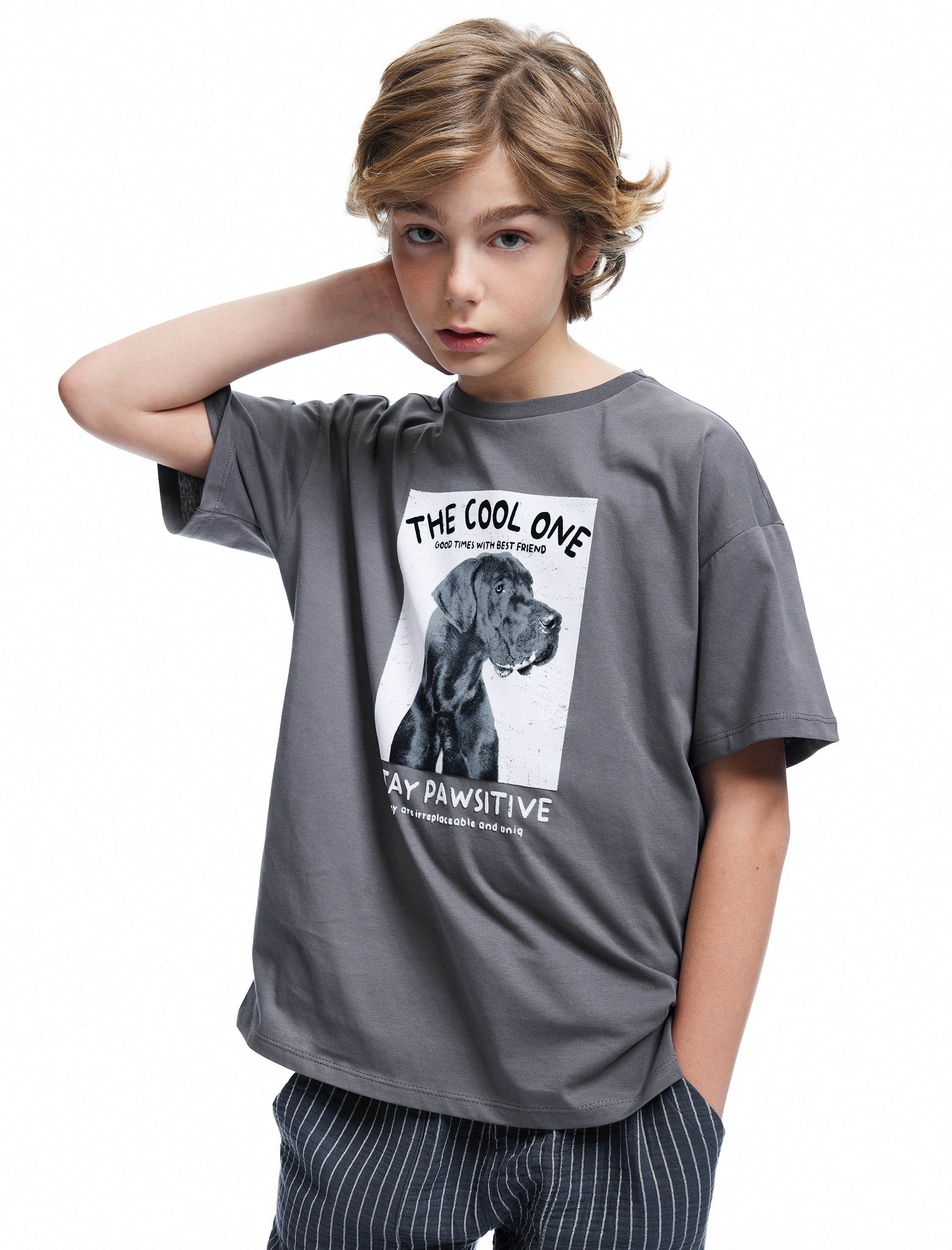  Erkek Çocuk Köpek Baskılı Kısa Kollu Bisiklet Yaka Pamuklu Tişört