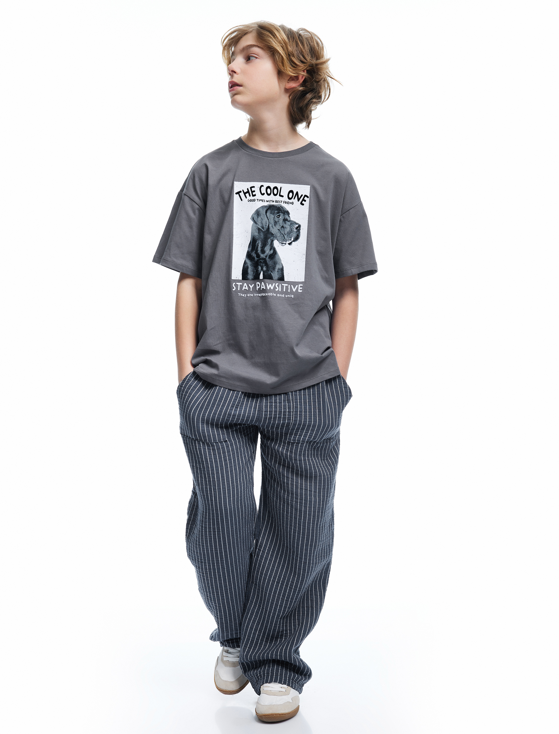  Erkek Çocuk Köpek Baskılı Kısa Kollu Bisiklet Yaka Pamuklu Tişört