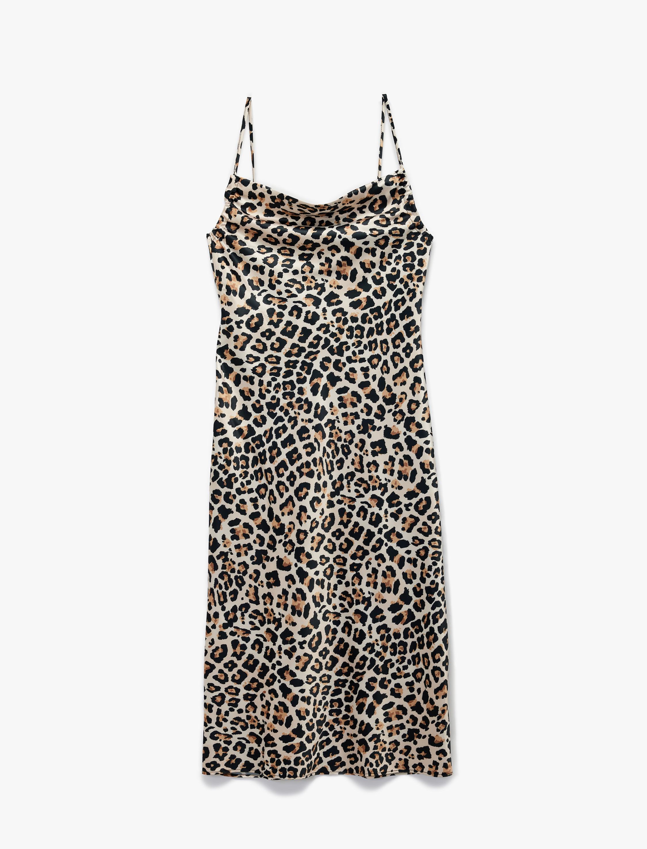   Degaje Yaka Saten Leopar İp Askılı Midi Slip Elbise