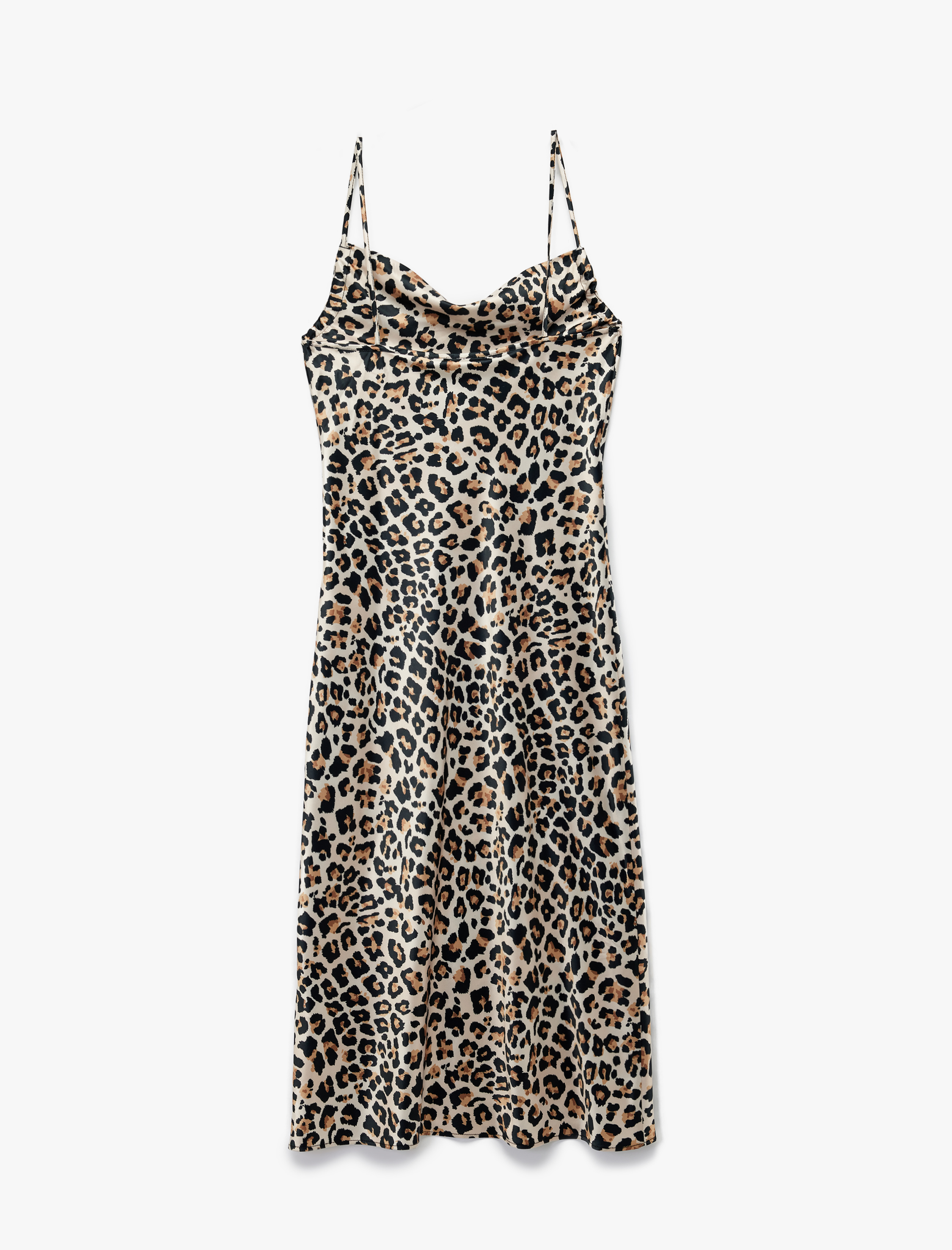   Degaje Yaka Saten Leopar İp Askılı Midi Slip Elbise