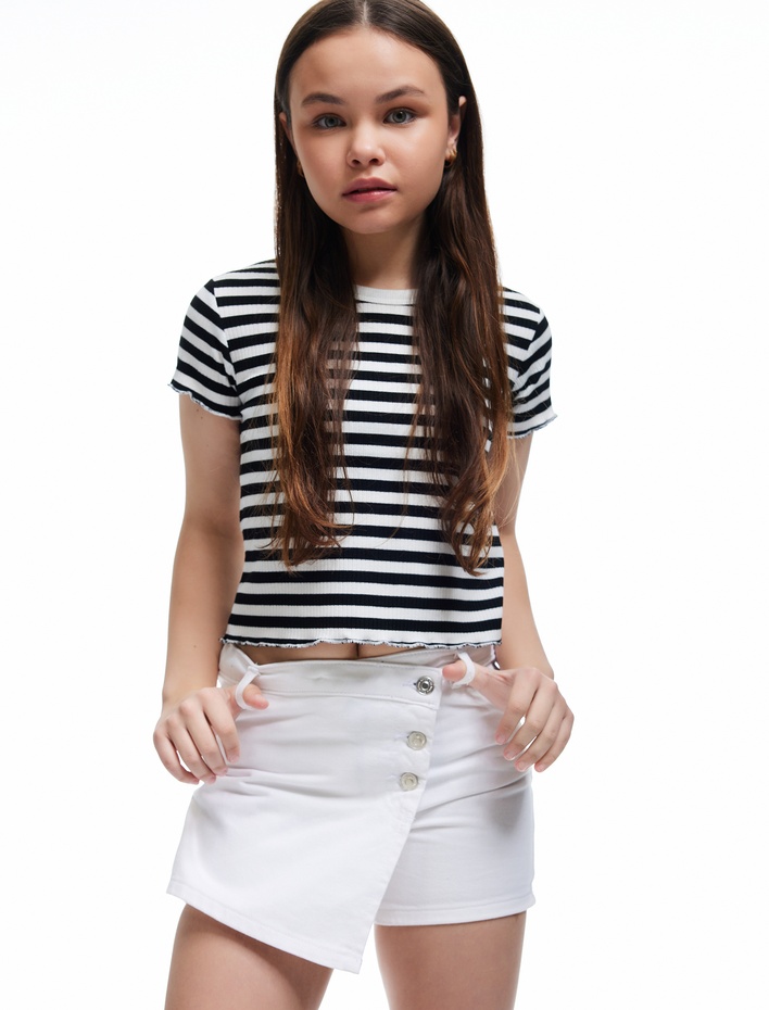 Kız Çocuk Kruvaze Kot Şort Etek Cepli Düğme Detaylı Pamuklu