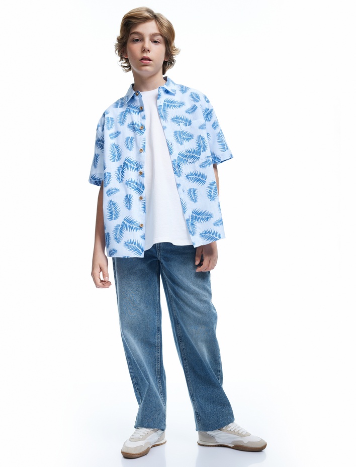 Erkek Çocuk Yaprak Desenli Kısa Kollu Tek Cepli Pamuklu Gömlek