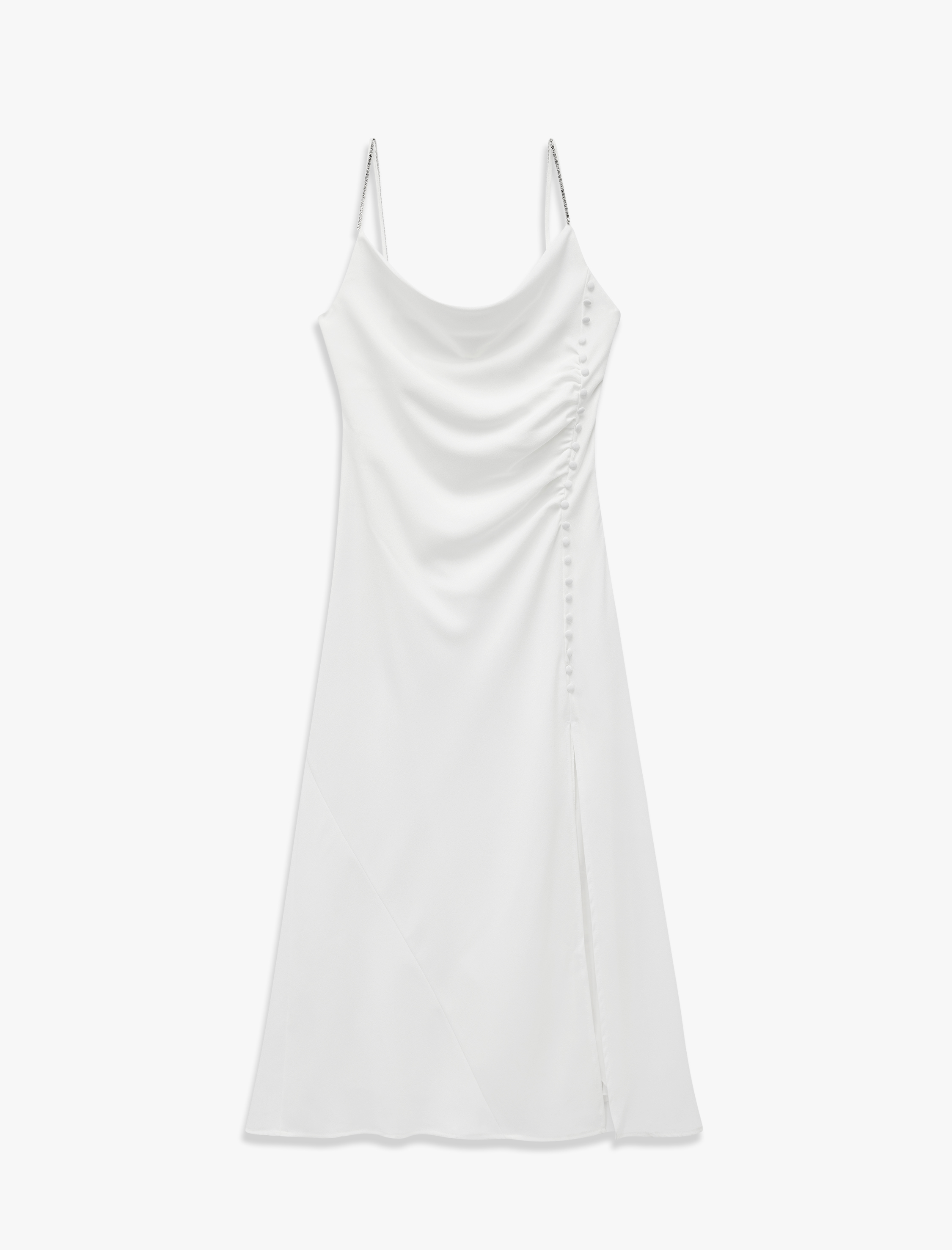   Yırtmaç Detaylı Degaje Yaka Kolsuz Drapeli Uzun Elbise