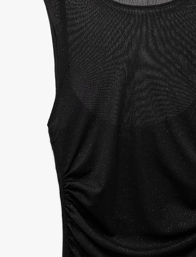 Bisiklet Yaka Kolsuz Astarlı Midi Tül Bodycon Elbise_5