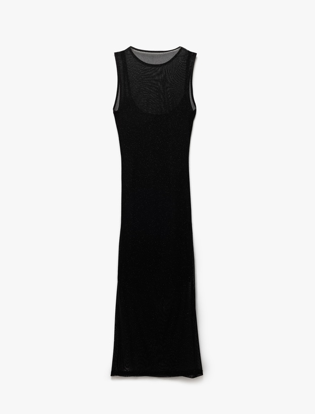 Bisiklet Yaka Kolsuz Astarlı Midi Tül Bodycon Elbise_4