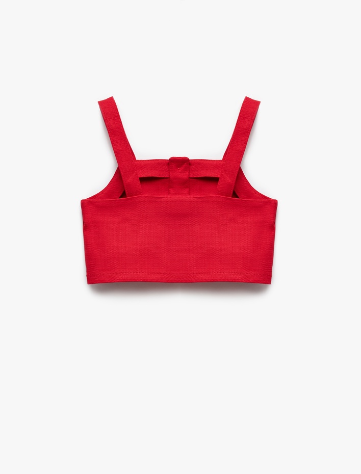 Kız Çocuk Düğme Detaylı Pamuklu Kare Yaka Askılı Crop Bluz