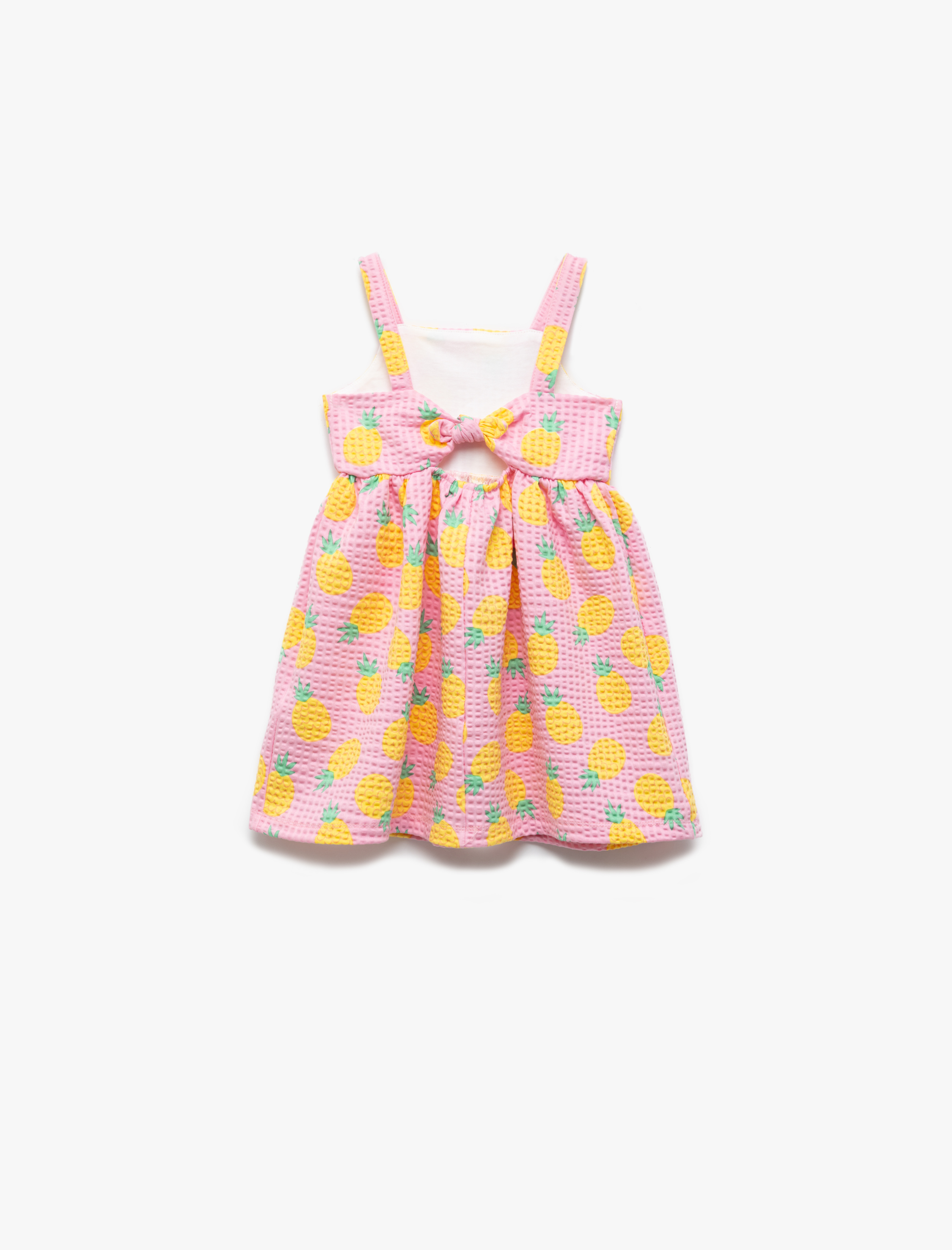  Kız Bebek Kare Yaka Düğmeli Ananas Desenli Askılı Elbise