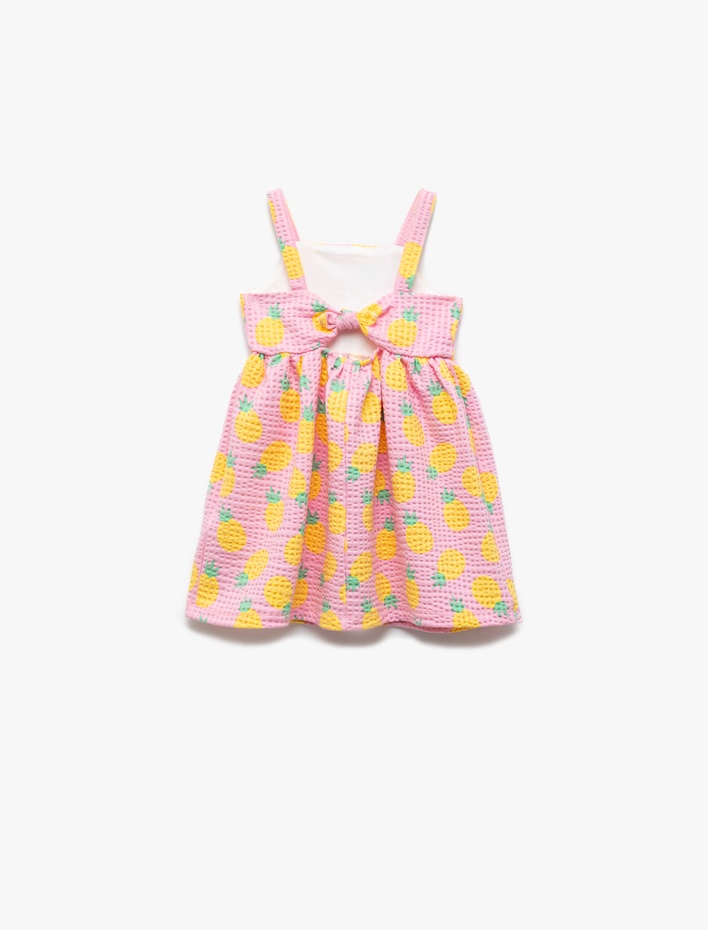 Kız Bebek Kare Yaka Düğmeli Ananas Desenli Askılı Elbise