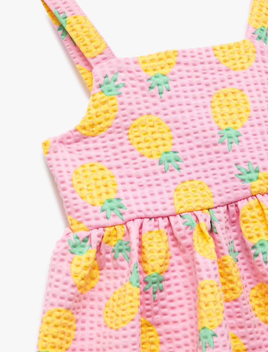  Kız Bebek Kare Yaka Düğmeli Ananas Desenli Askılı Elbise