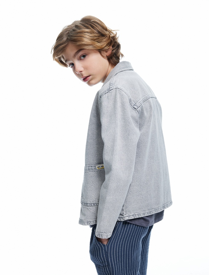 Erkek Çocuk Pamuklu Uzun Kollu Cep Detaylı Denim Ceket