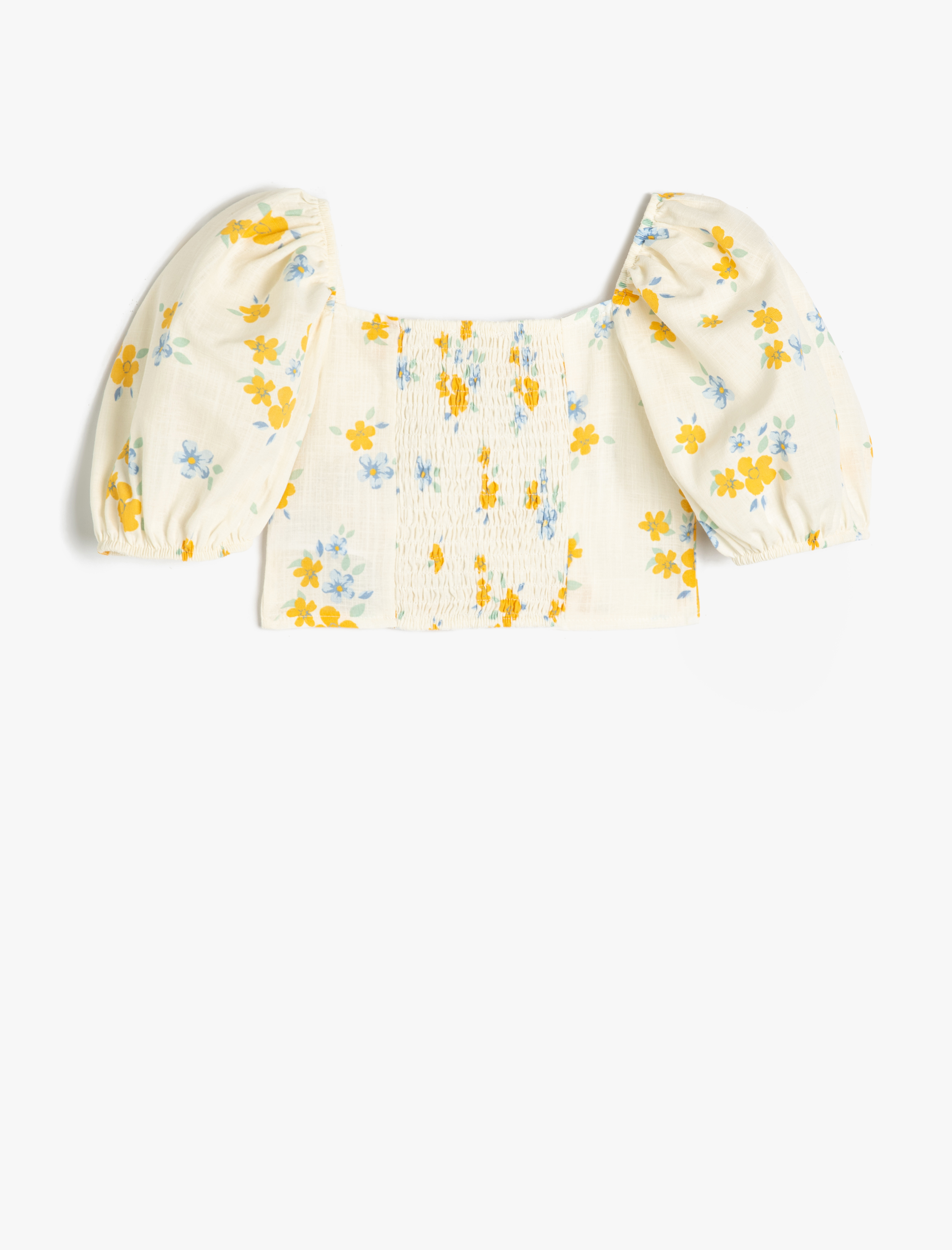  Kız Çocuk Çiçek Desenli Pamuklu Kare Yaka Balon Kollu Crop Bluz