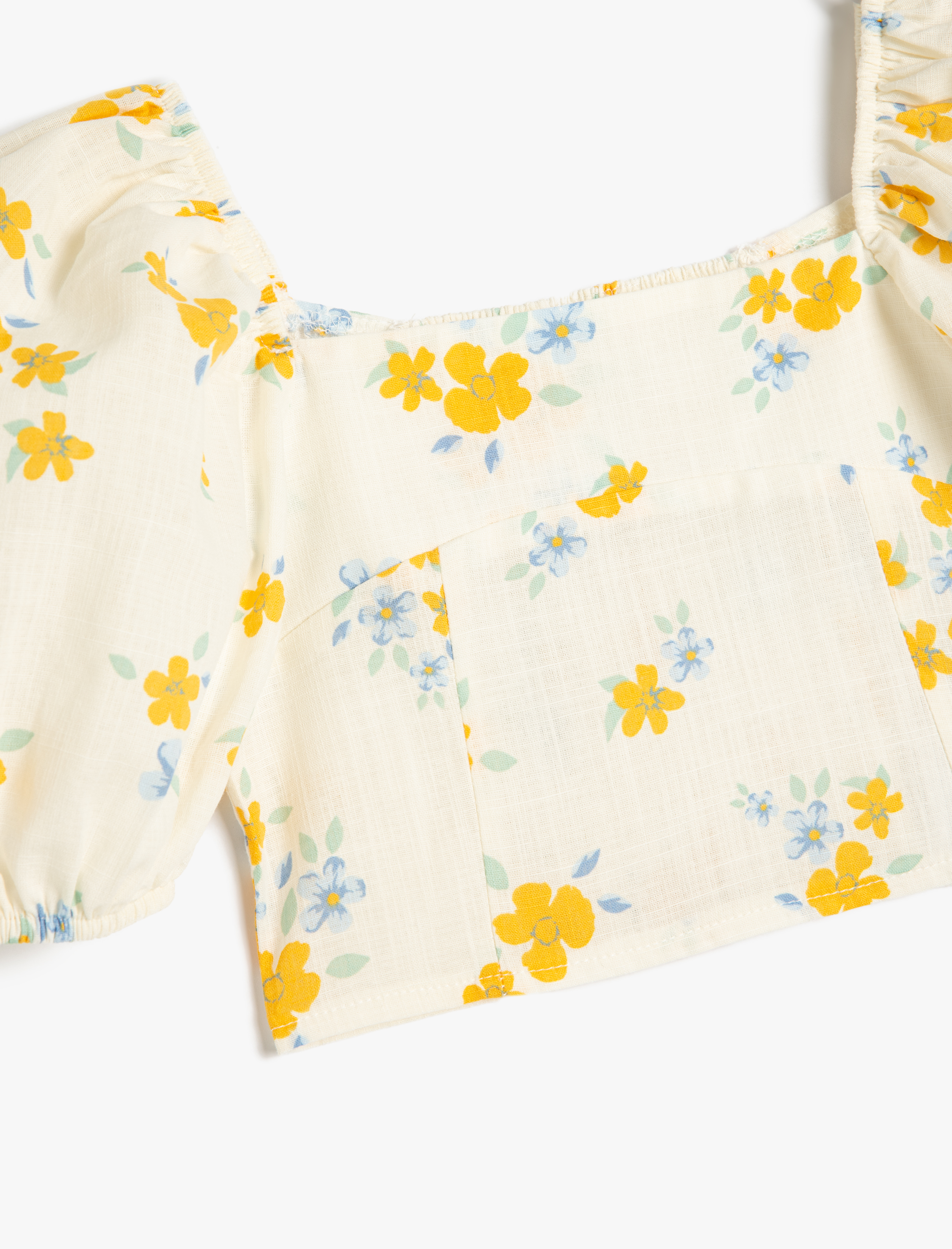  Kız Çocuk Çiçek Desenli Pamuklu Kare Yaka Balon Kollu Crop Bluz