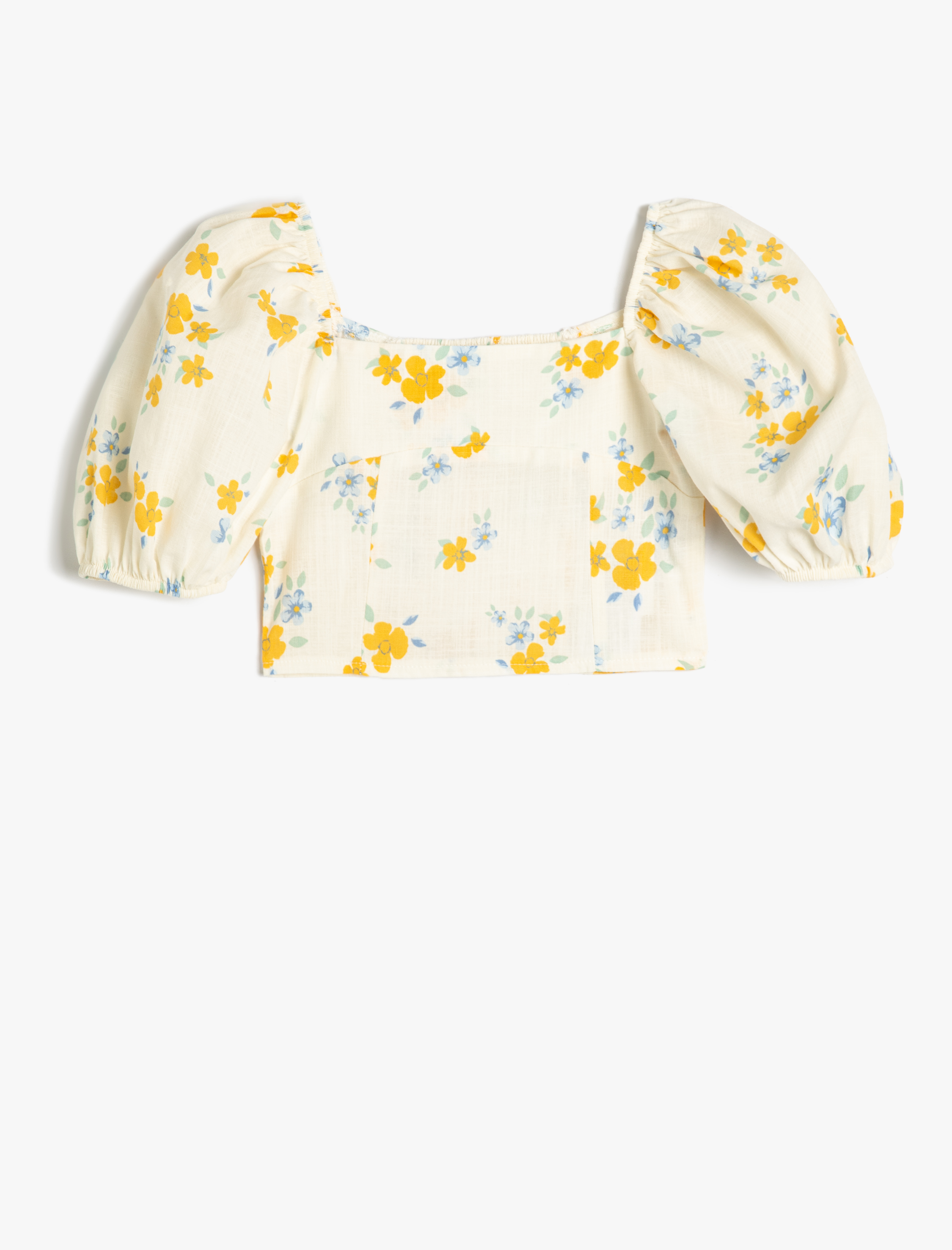  Kız Çocuk Çiçek Desenli Pamuklu Kare Yaka Balon Kollu Crop Bluz