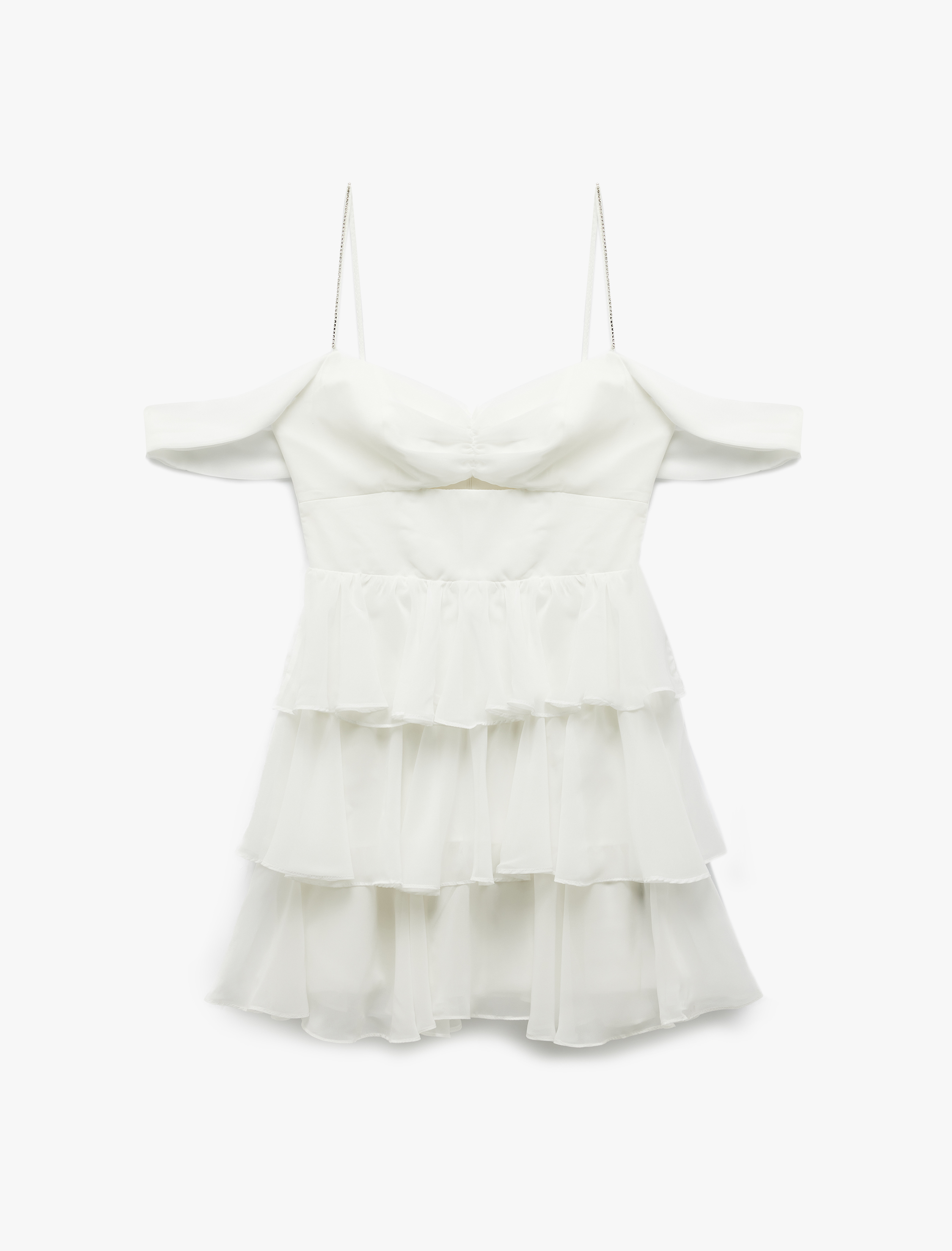   Kalp Yaka Kelebek Kol Katlı Volanlı Mini Elbise