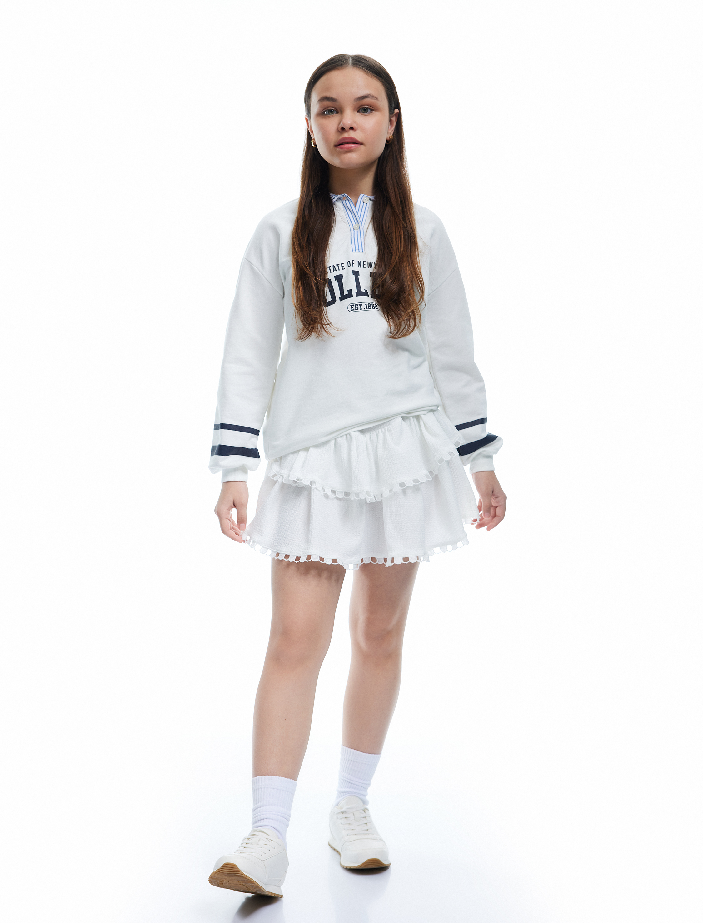  Kız Çocuk Uzun Kollu Gömlek Yaka Şardonlu Oversize Sweatshirt