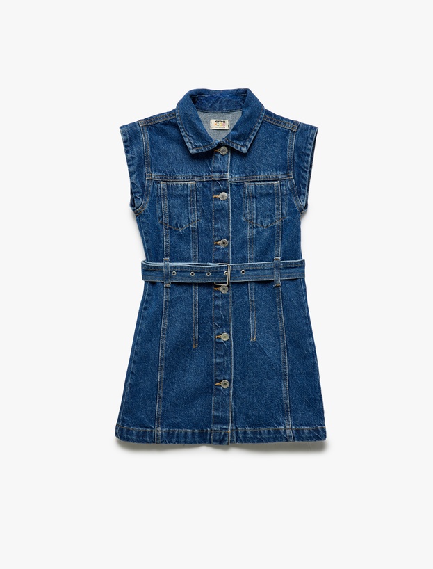 Pamuklu Kemer Detaylı Düğmeli Cepli Denim Elbise_2