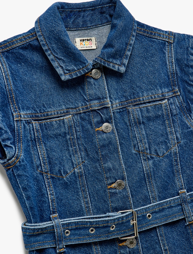 Pamuklu Kemer Detaylı Düğmeli Cepli Denim Elbise_4