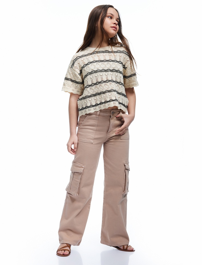 Kız Çocuk Bisiklet Yaka Dokulu Kısa Kollu Crop Triko Kazak