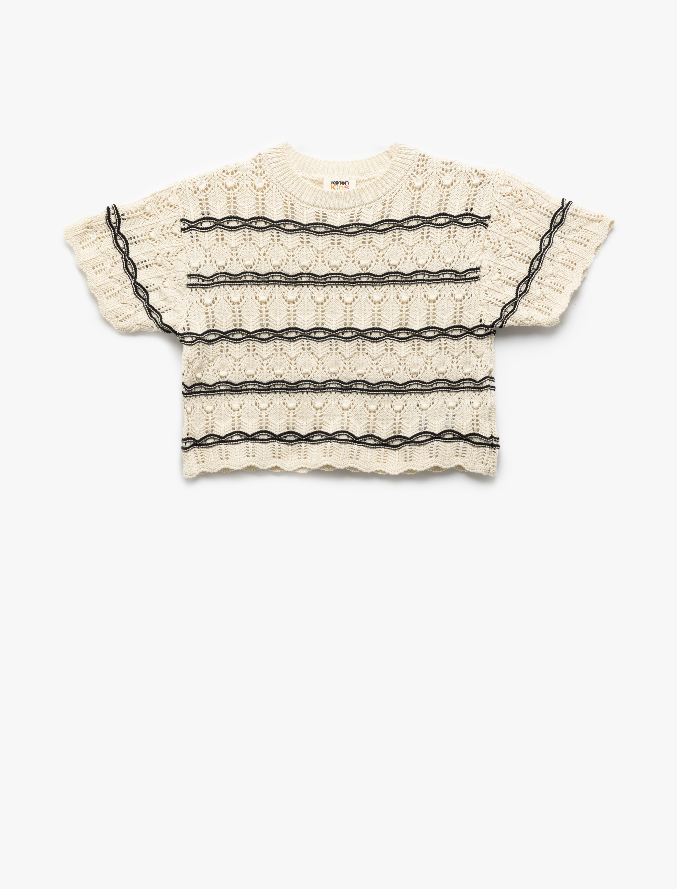  Kız Çocuk Bisiklet Yaka Dokulu Kısa Kollu Crop Triko Kazak