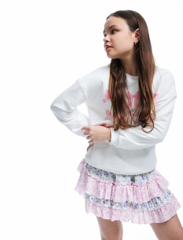 Kız Çocuk Fırfır Detaylı Beli Lastikli Katlı Çiçekli Viskon Etek