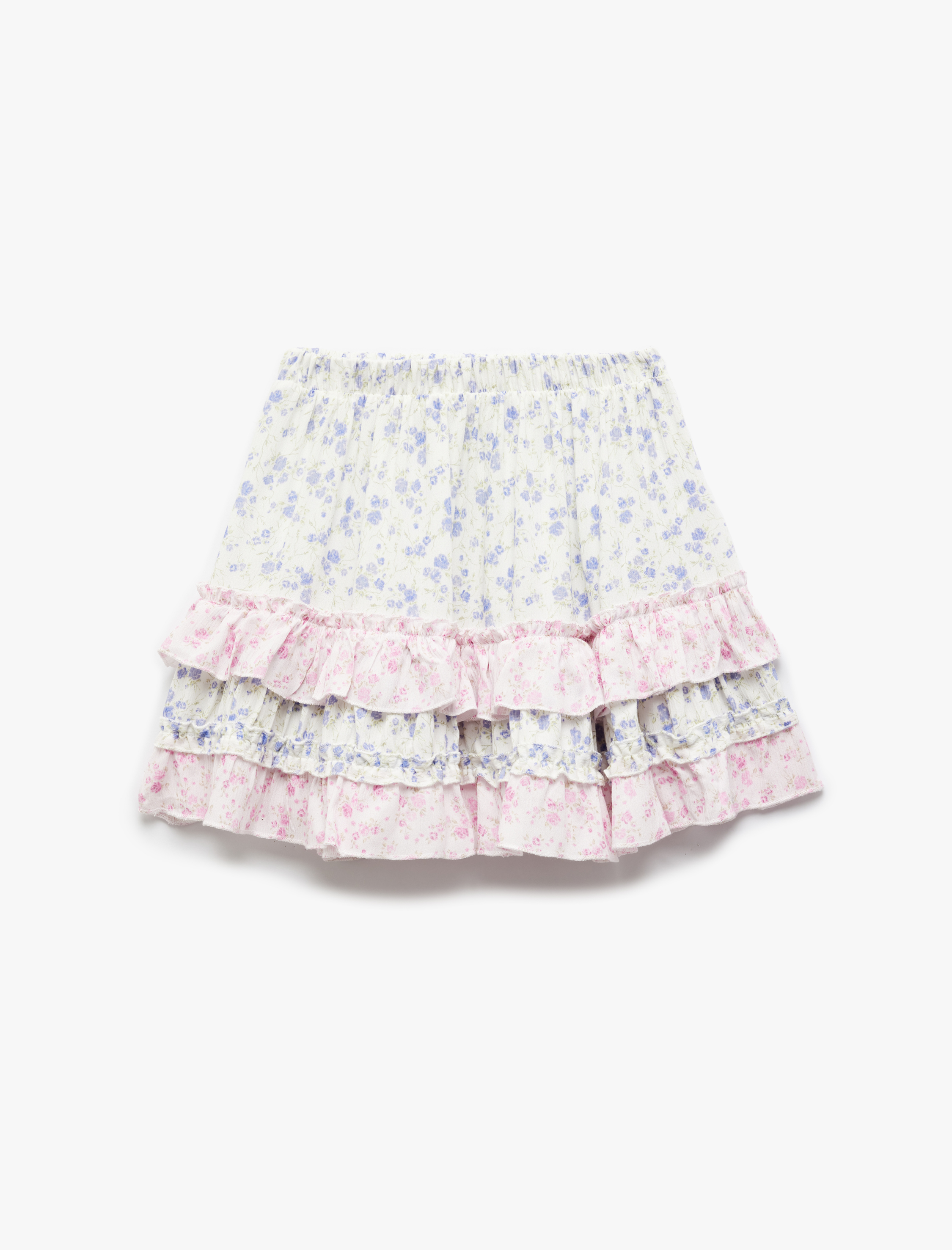  Kız Çocuk Fırfır Detaylı Beli Lastikli Katlı Çiçekli Viskon Etek