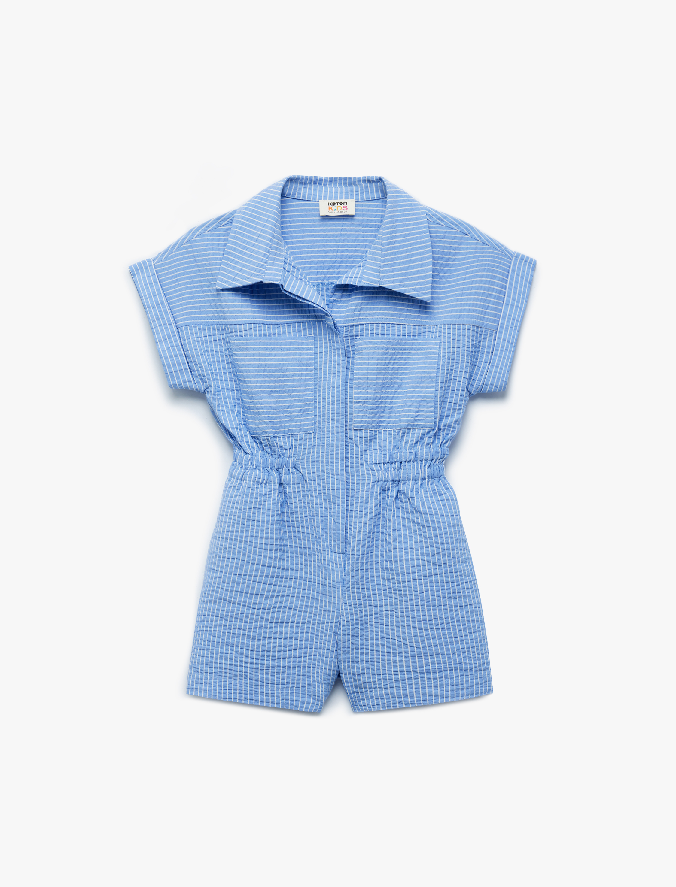  Kız Çocuk Gömlek Yaka Cep Detaylı Çizgili Kısa Kollu Salopet