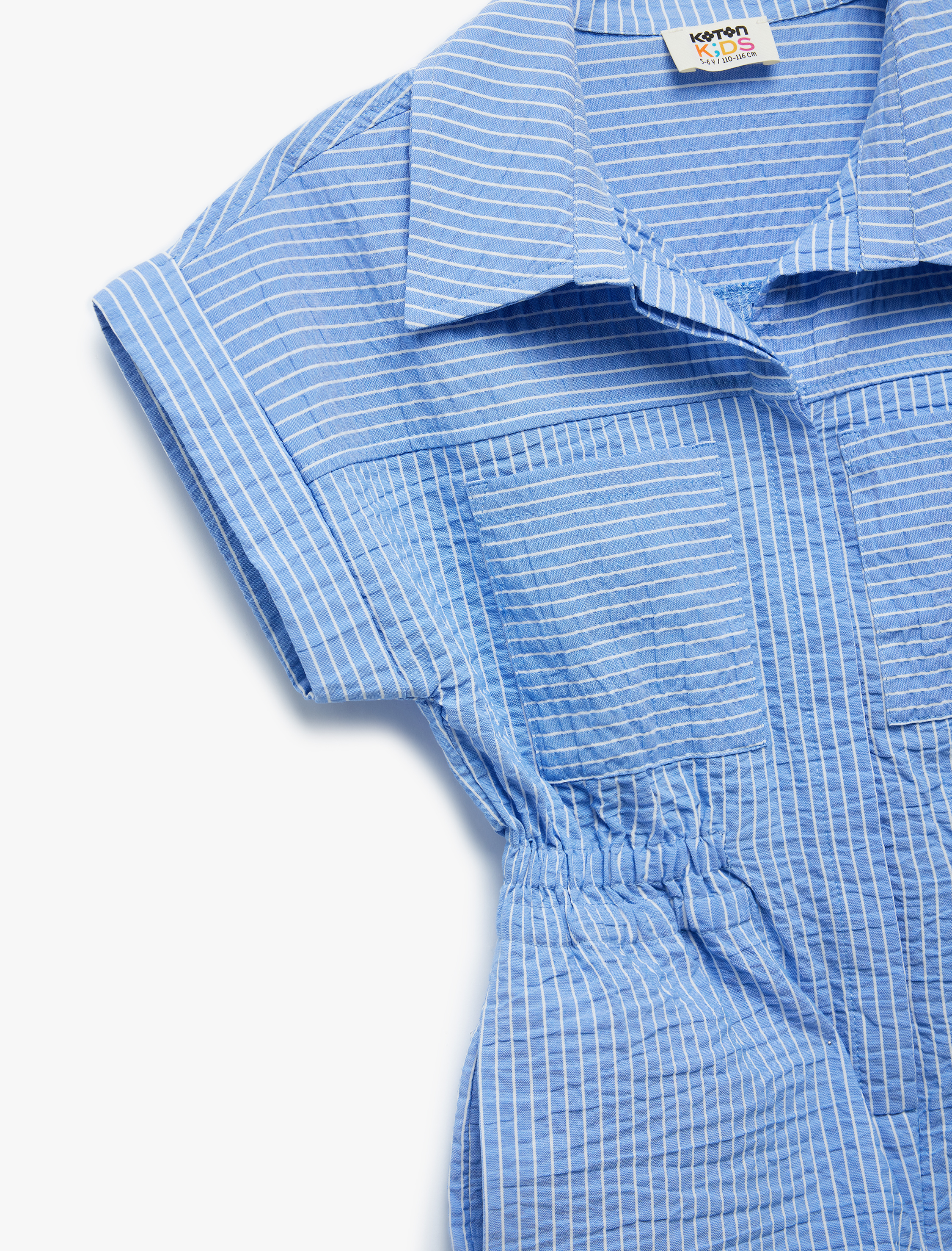  Kız Çocuk Gömlek Yaka Cep Detaylı Çizgili Kısa Kollu Salopet