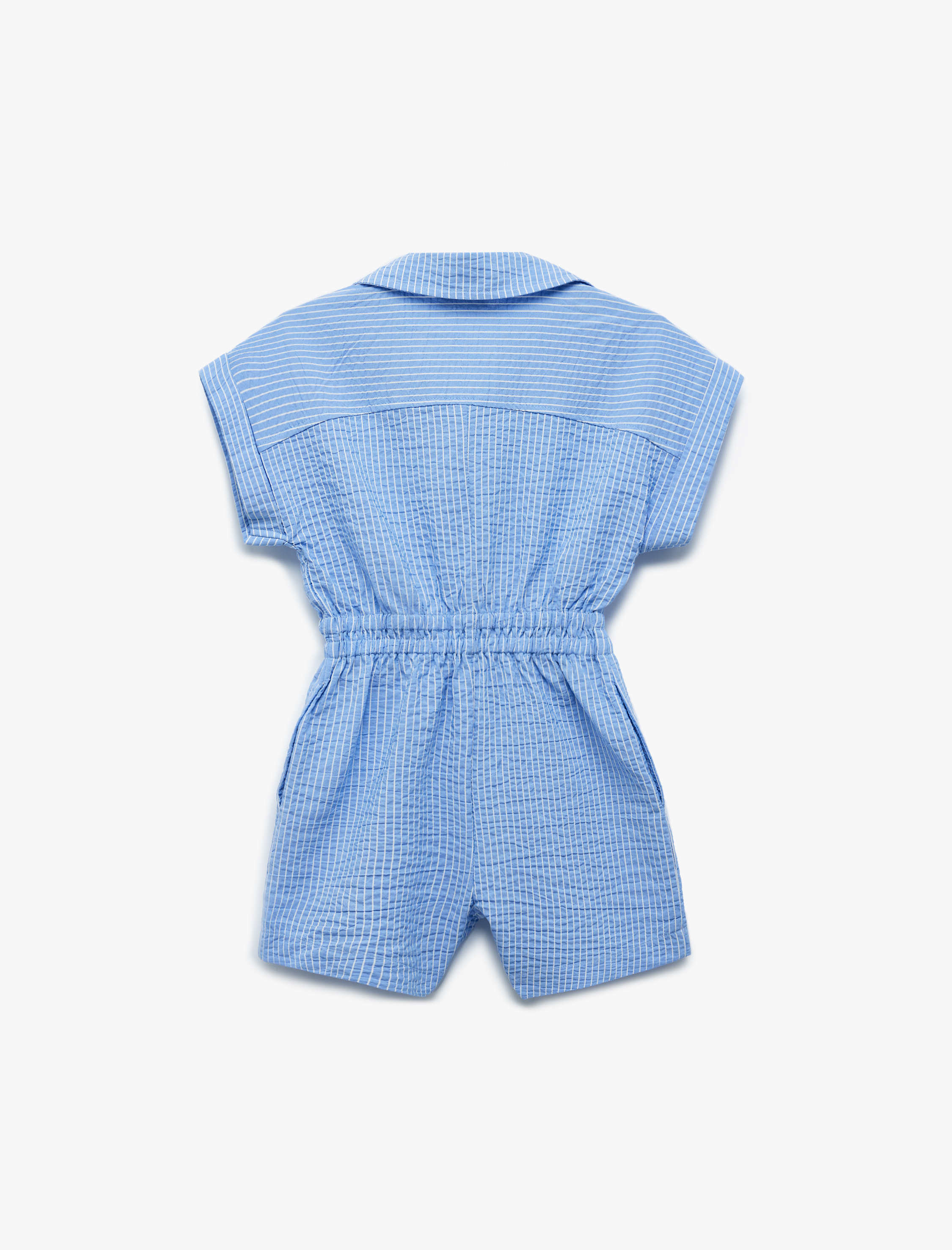  Kız Çocuk Gömlek Yaka Cep Detaylı Çizgili Kısa Kollu Salopet