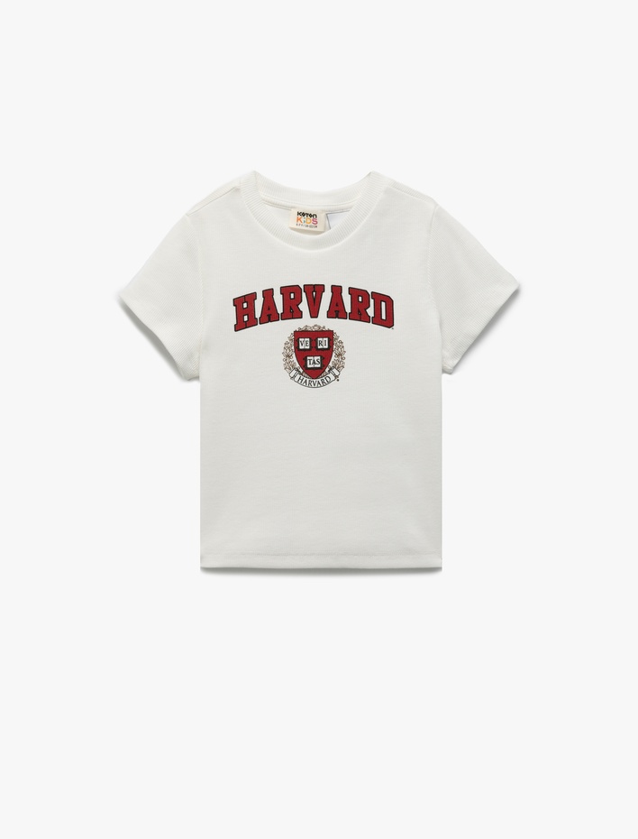 Kız Çocuk Lisanslı Harvard Baskılı Bisiklet Yaka Kısa Kollu Pamuklu Tişört