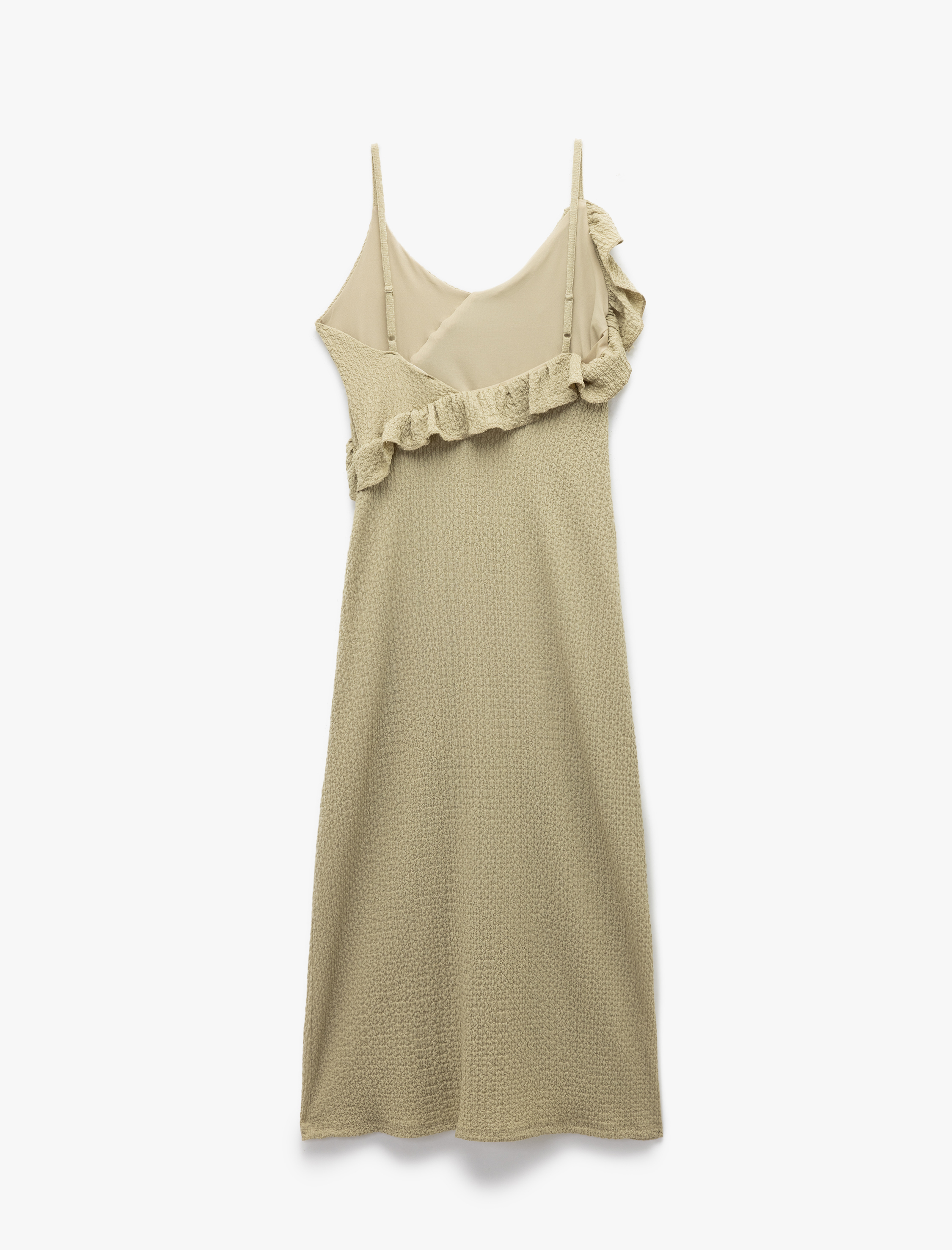   Bürümcük Kumaş Astarlı Fırfır Detaylı Midi Boy Askılı Kalem Elbise