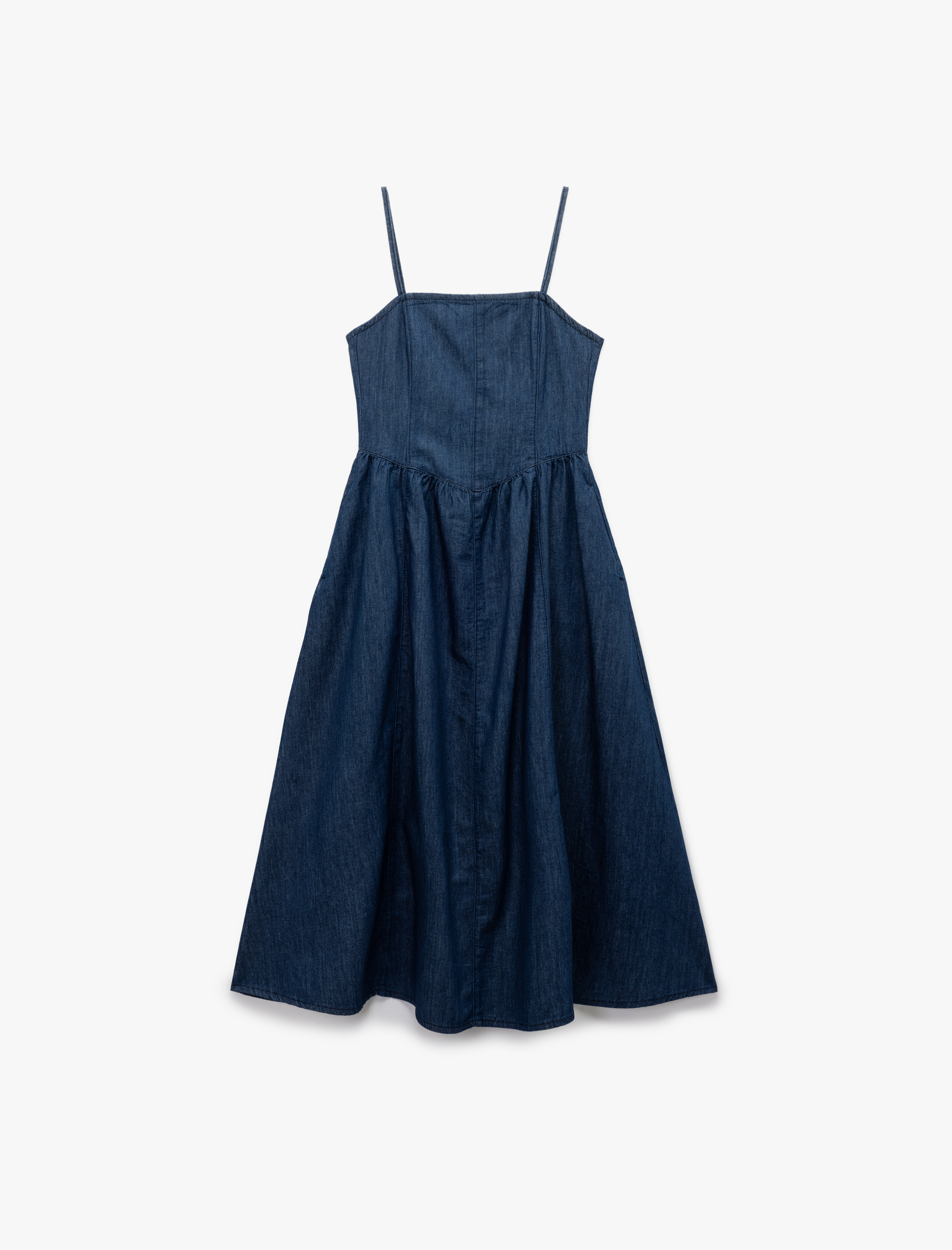   Straplez Yaka Pamuklu Askılı Midi Jean Elbise