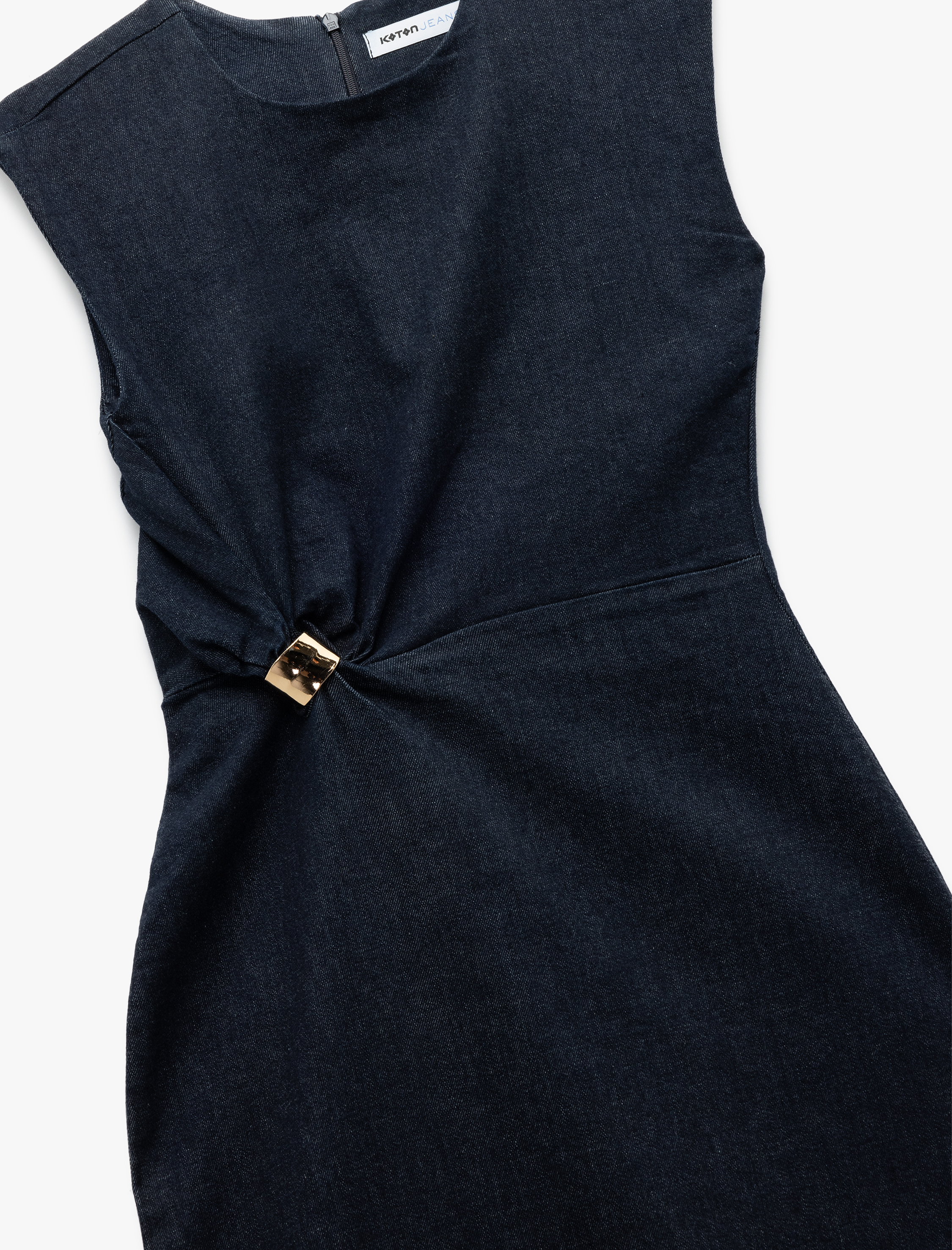   Toka Detaylı Bisiklet Yaka Pamuklu Kolsuz Uzun Denim Elbise