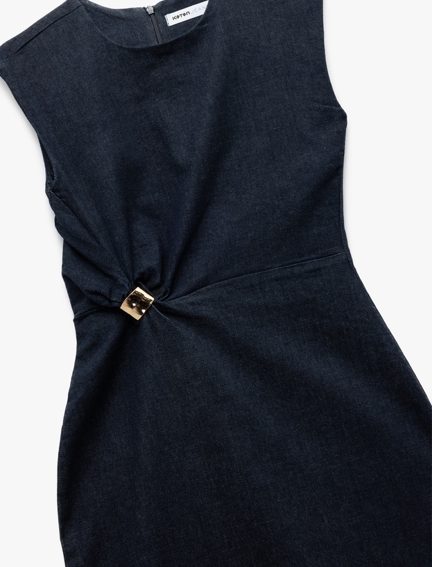 Toka Detaylı Bisiklet Yaka Pamuklu Kolsuz Uzun Denim Elbise_5