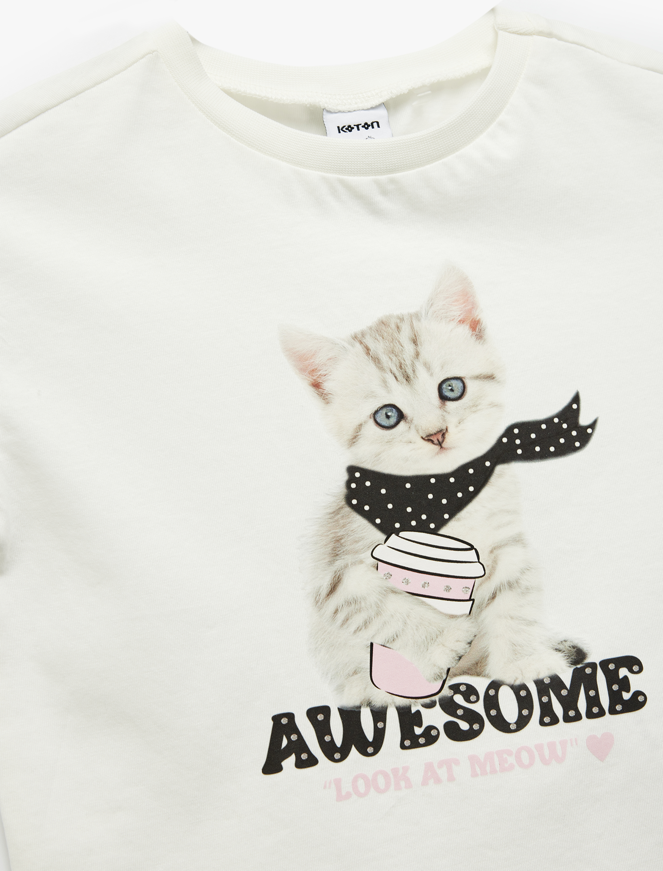  Kız Bebek Kedi Baskılı Fırfırlı Kısa Kollu Bisiklet Yaka Pamuklu Tişört