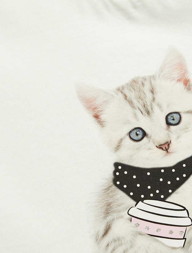 Kedi Baskılı Fırfırlı Kısa Kollu Bisiklet Yaka Pamuklu Tişört_1